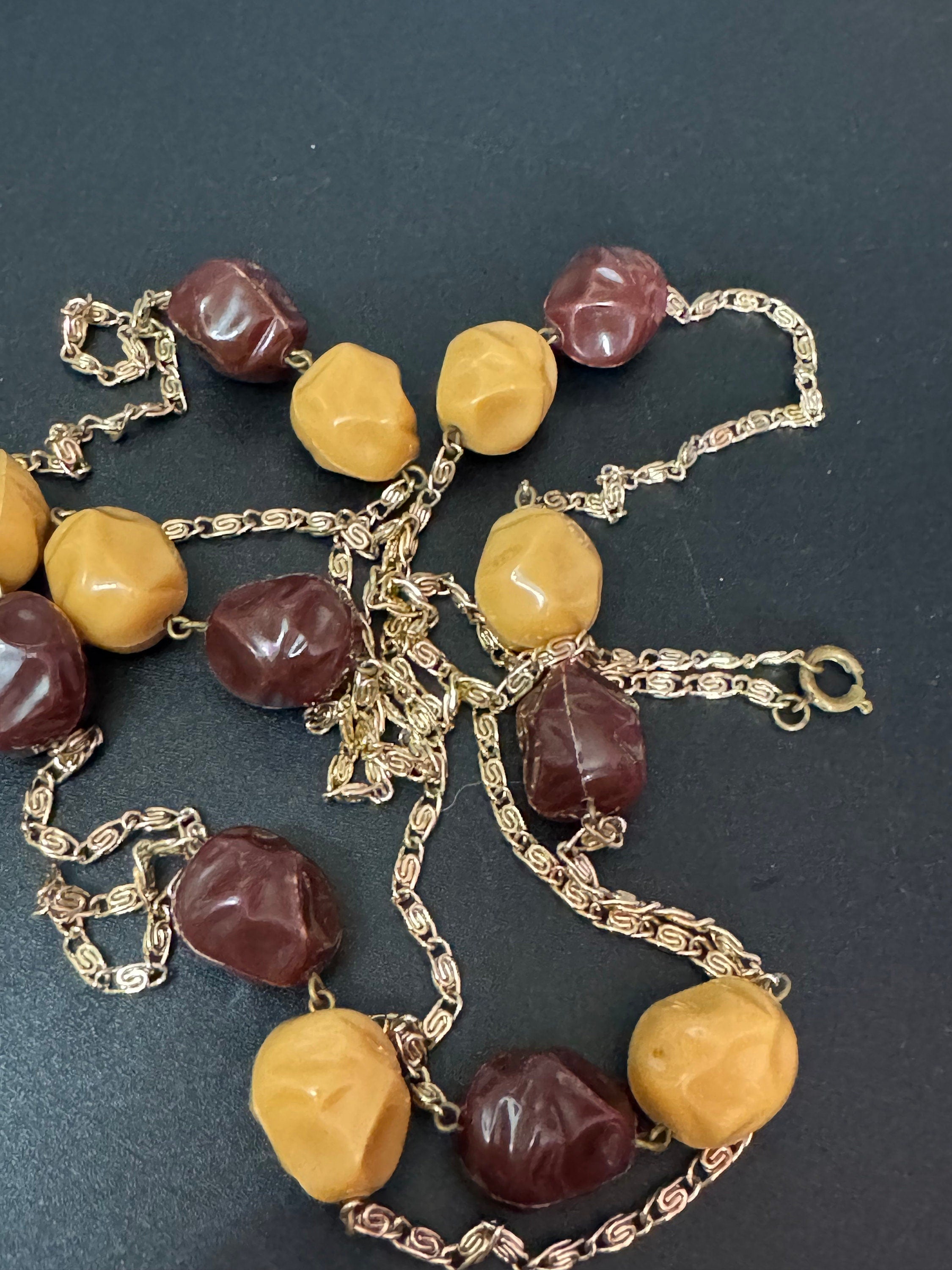 Extra long gold tone brown beige chunky plastic beaded flapper length station necklace 190cm