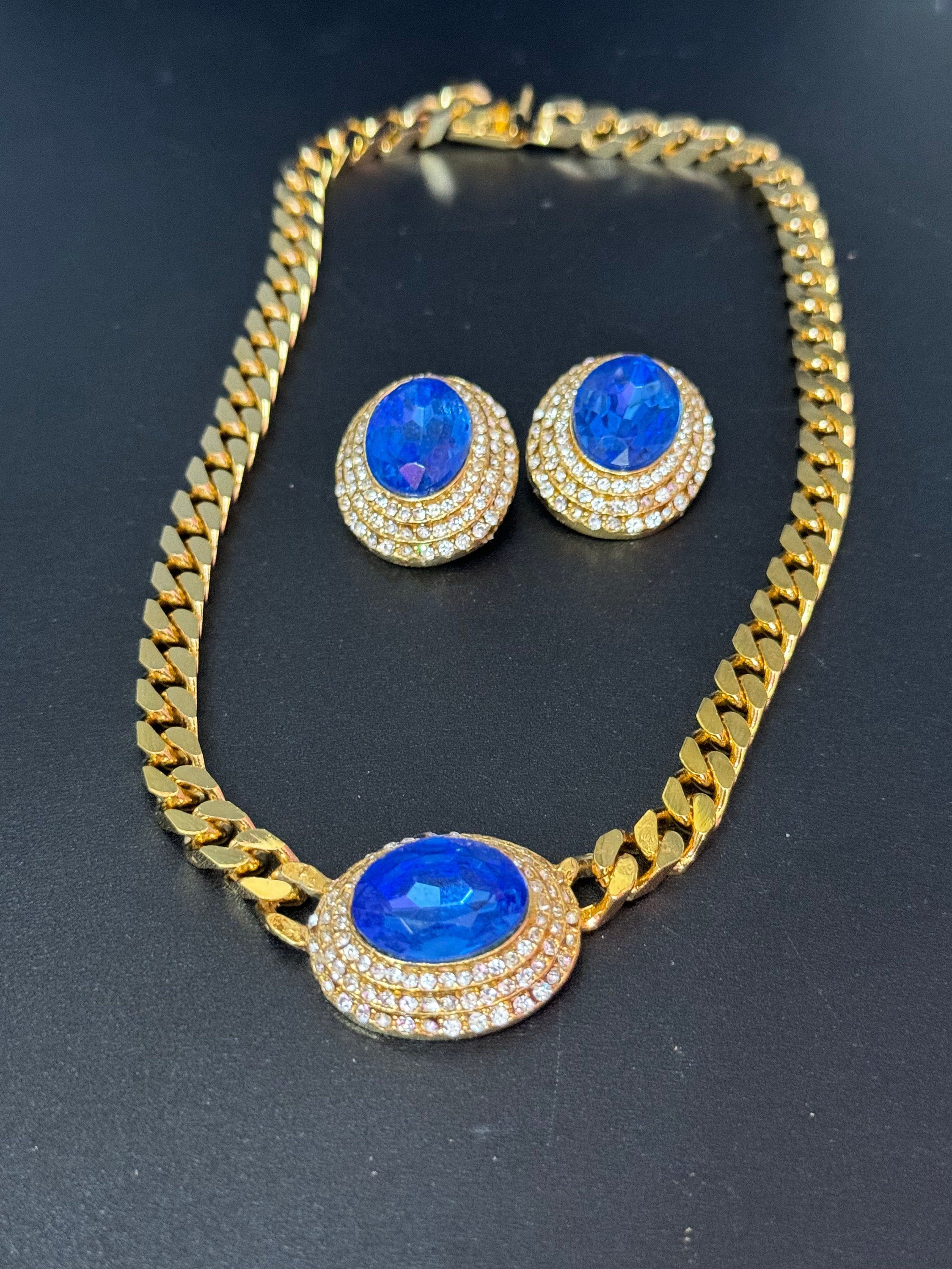 Vintage sapphire blue clear genuine Swarovski crystal oval gold tone necklace and oversized clip on earrings jewellery set