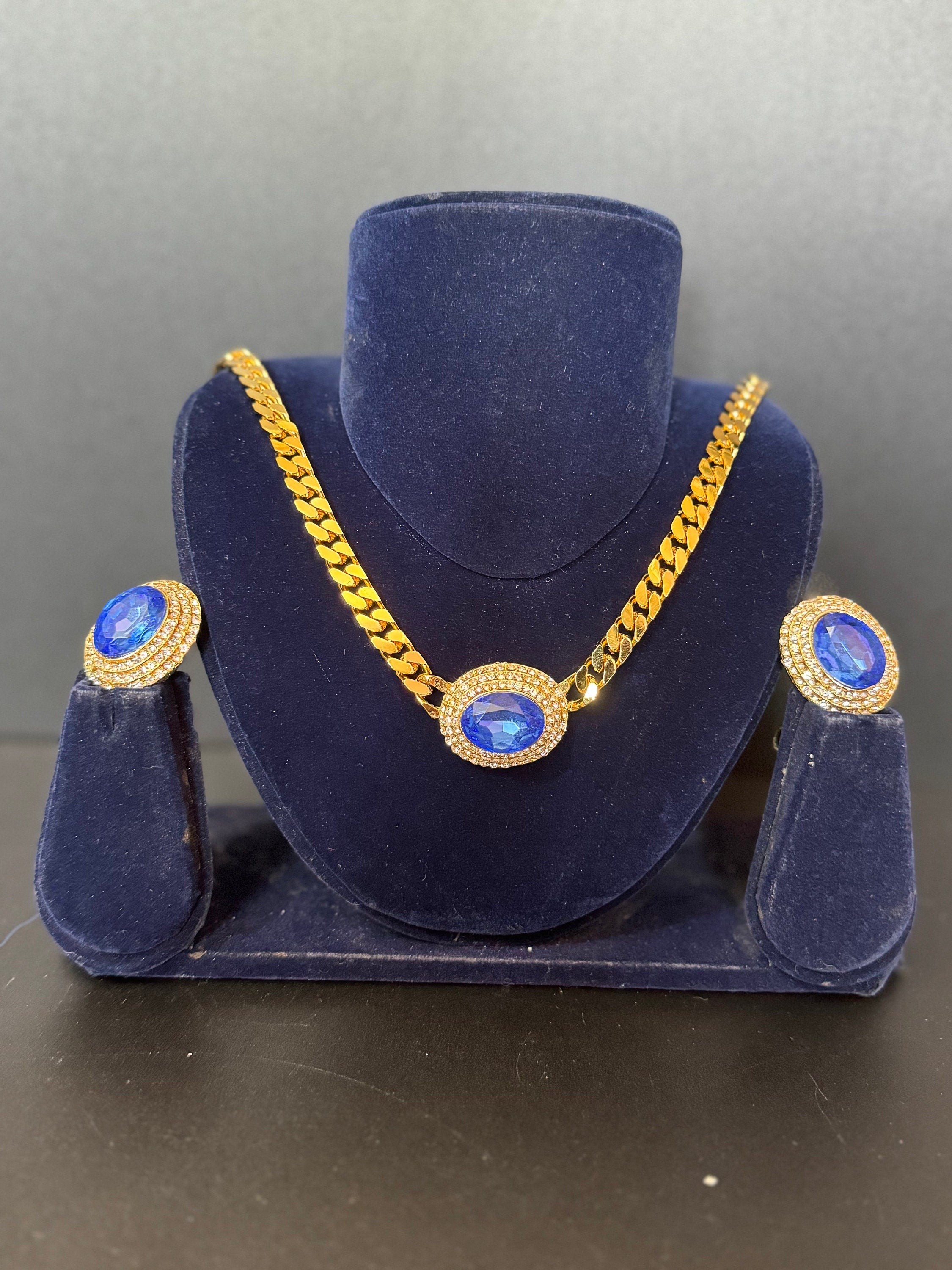 Vintage Swarovski Crystal Jewelry Set: Sapphire Blue Gold Tone Necklace & Clip On Earrings