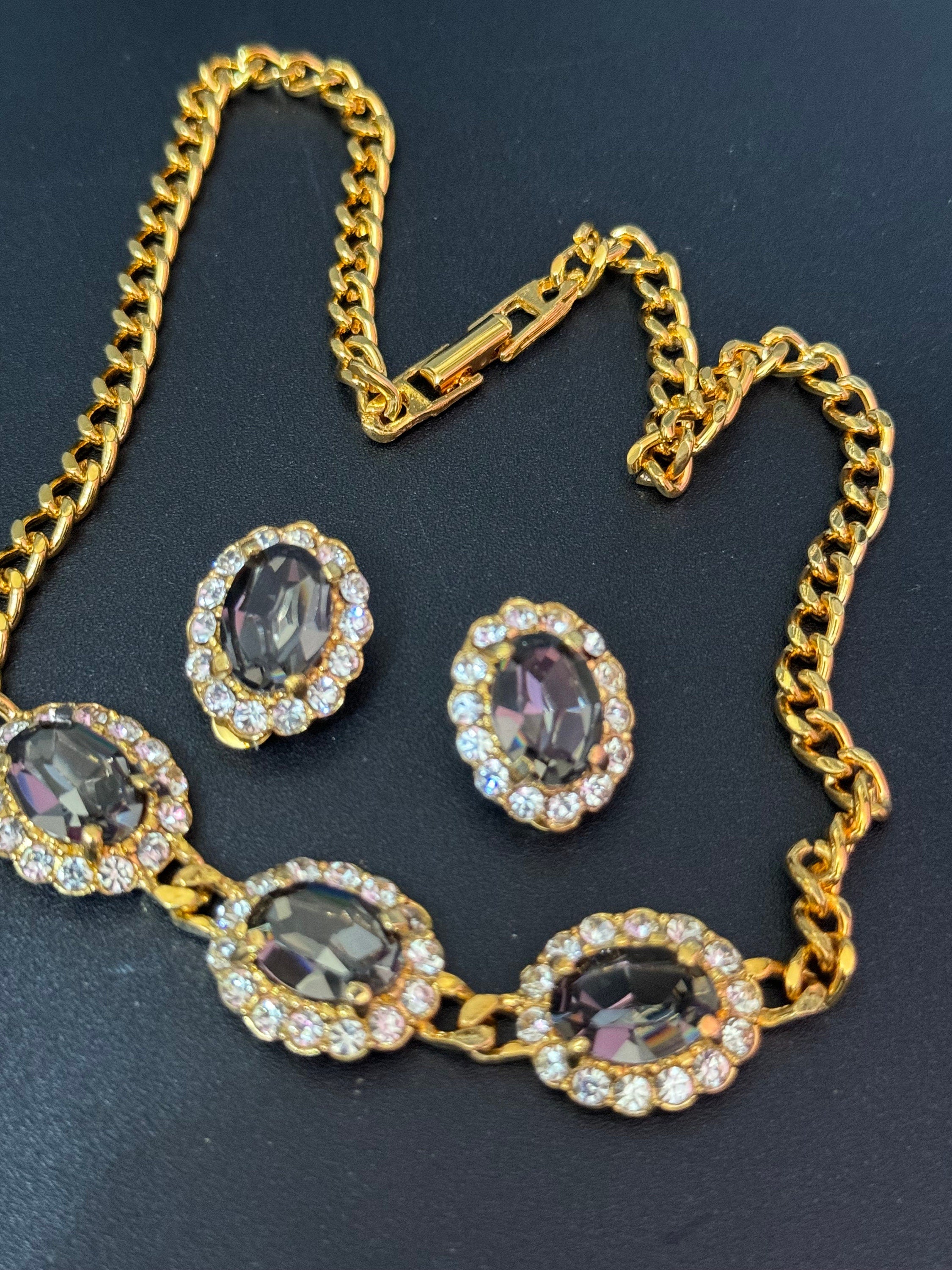 Vintage grey and clear genuine Swarovski crystal oval detailing gold tone necklace and oversized clip on earrings jewellery set