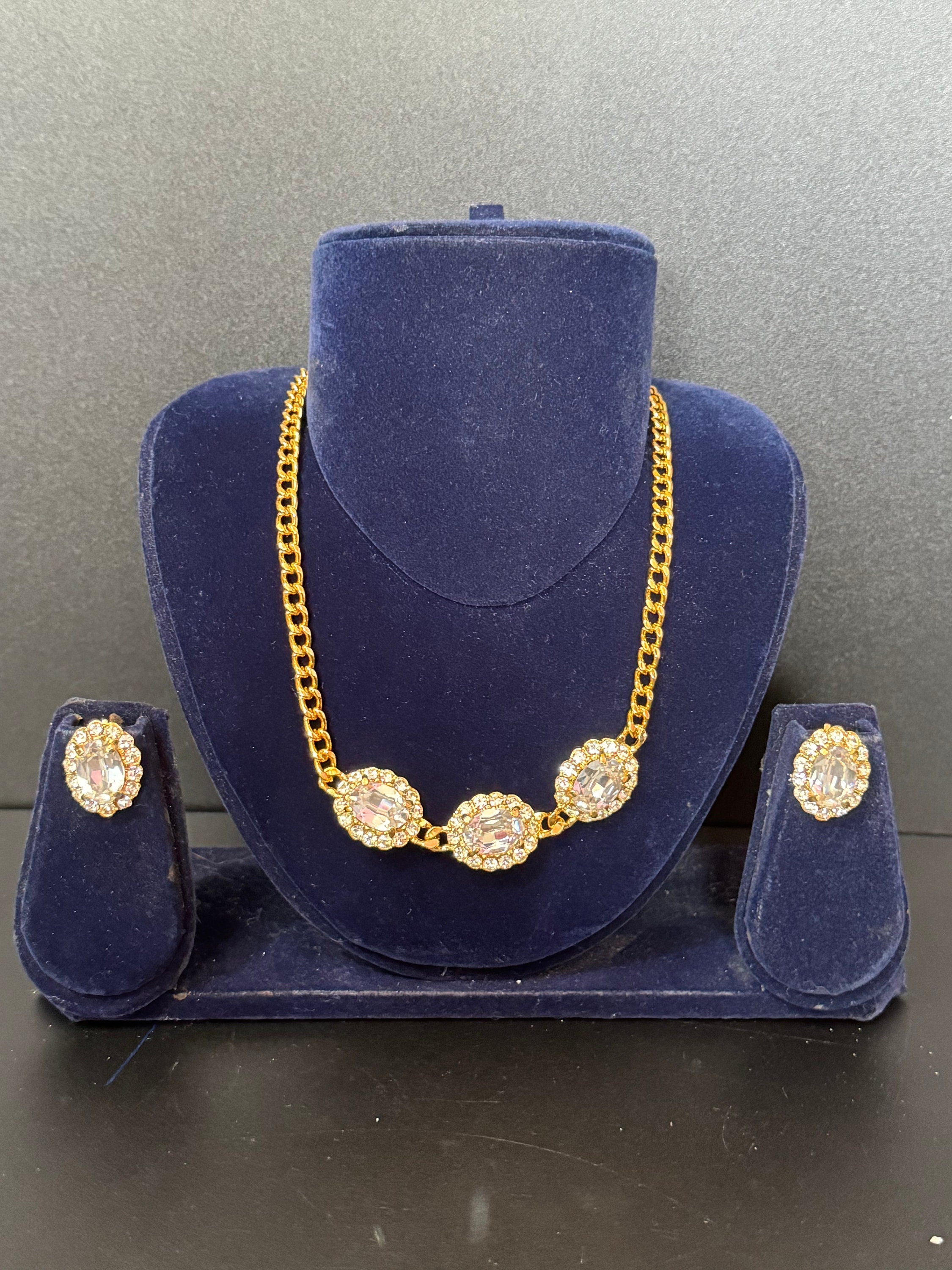 Vintage clear genuine Swarovski crystal oval detailing gold tone necklace and clip on earrings jewellery set old shop stock