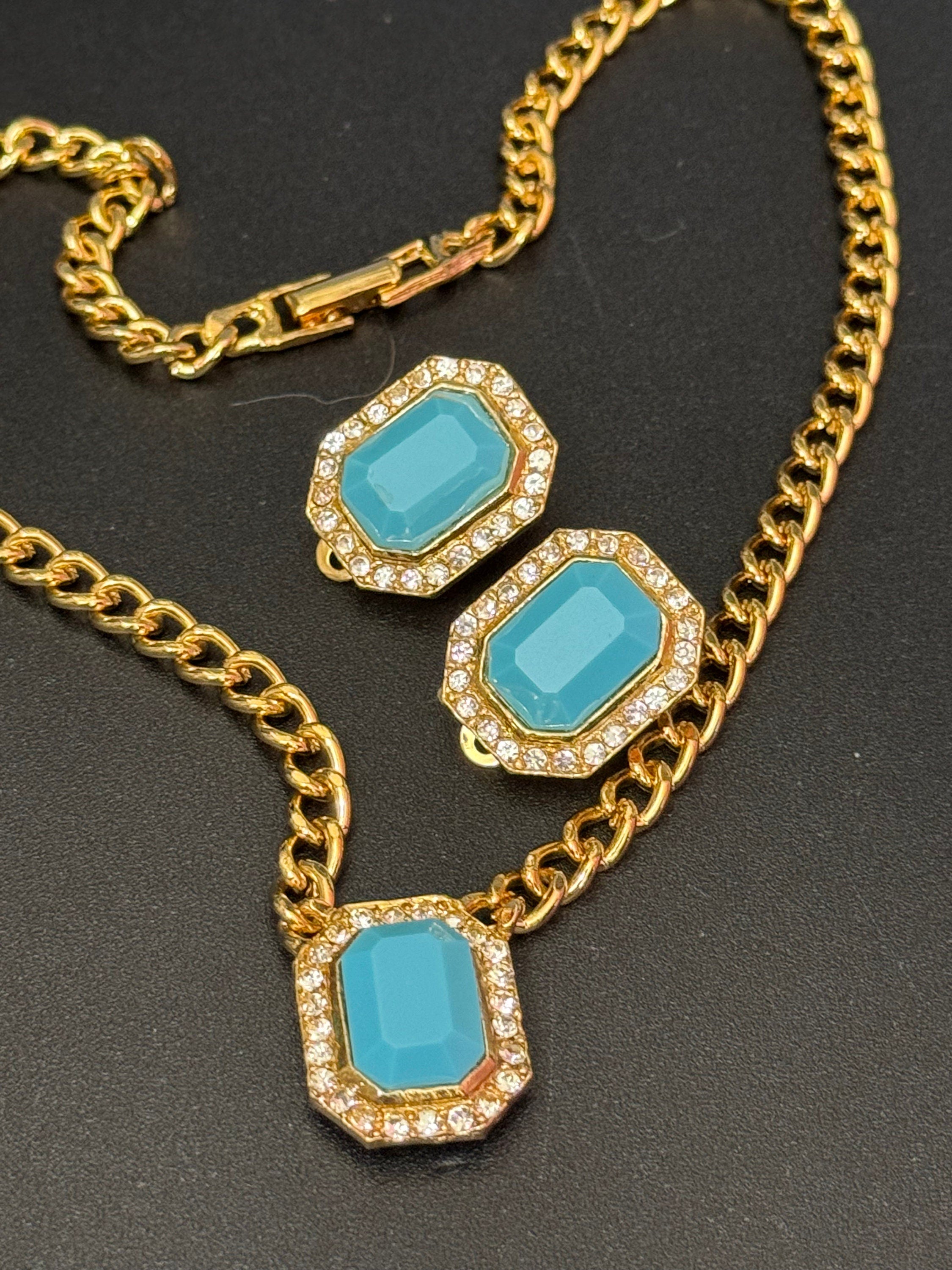 Vintage turquoise & clear genuine Swarovski crystal octagon detailing gold tone necklace and clip on earrings jewellery set