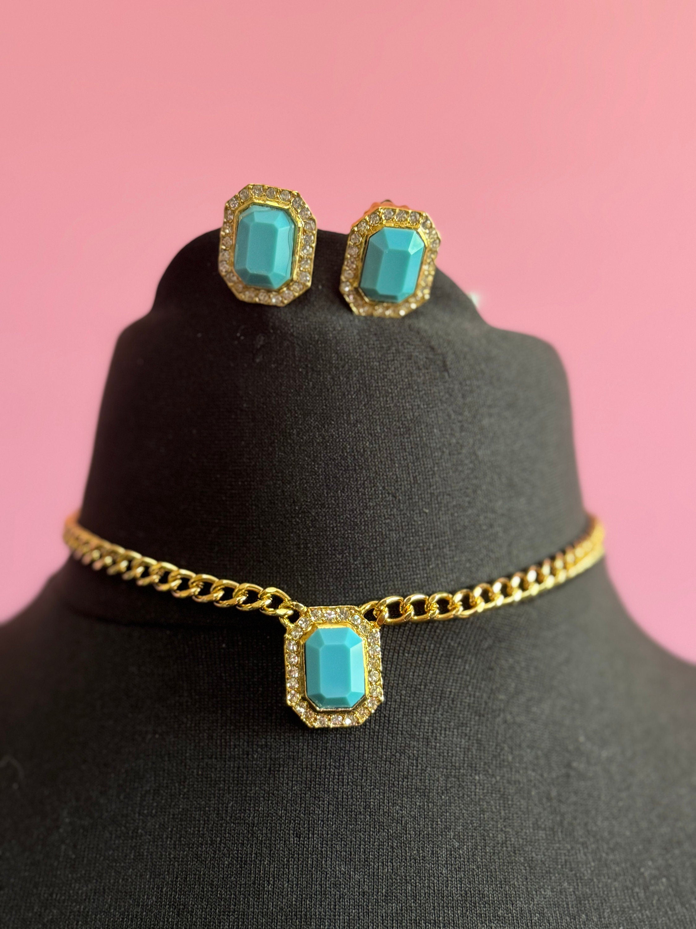 Vintage turquoise & clear genuine Swarovski crystal octagon detailing gold tone necklace and clip on earrings jewellery set