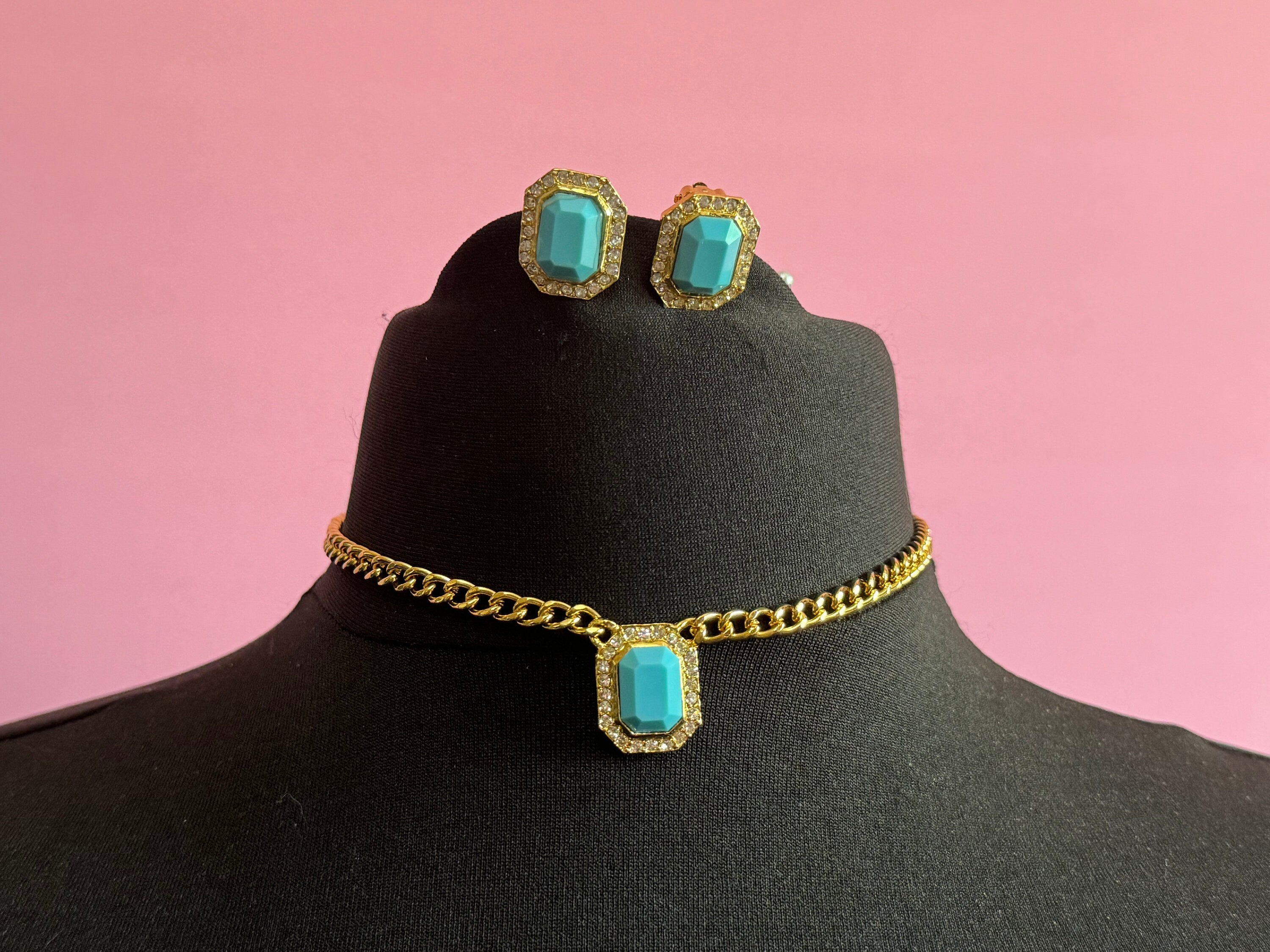 Vintage turquoise & clear genuine Swarovski crystal octagon detailing gold tone necklace and clip on earrings jewellery set