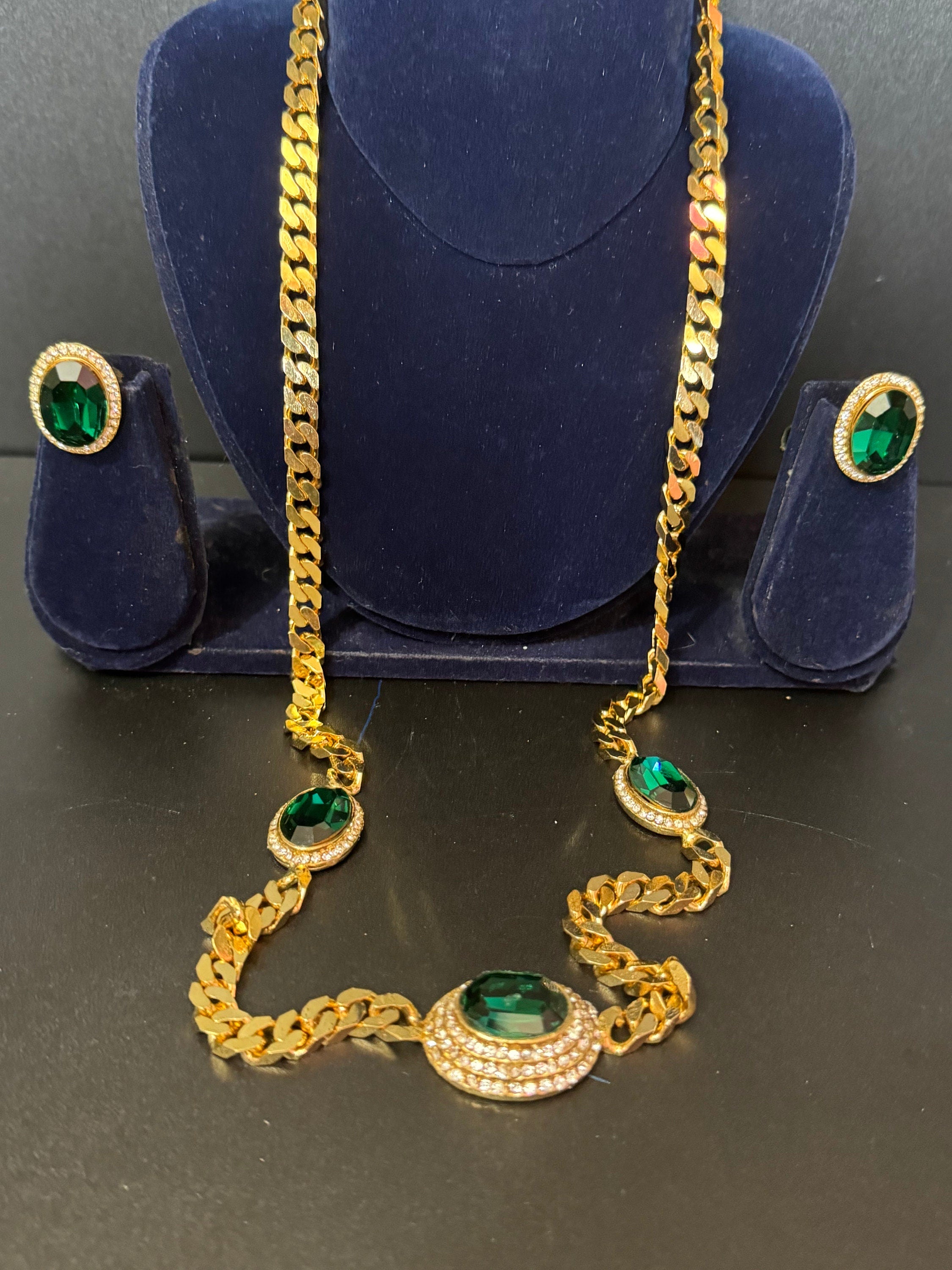 Vintage emerald green clear genuine Swarovski crystal gold tone oval rhinestone station necklace and clip on earrings