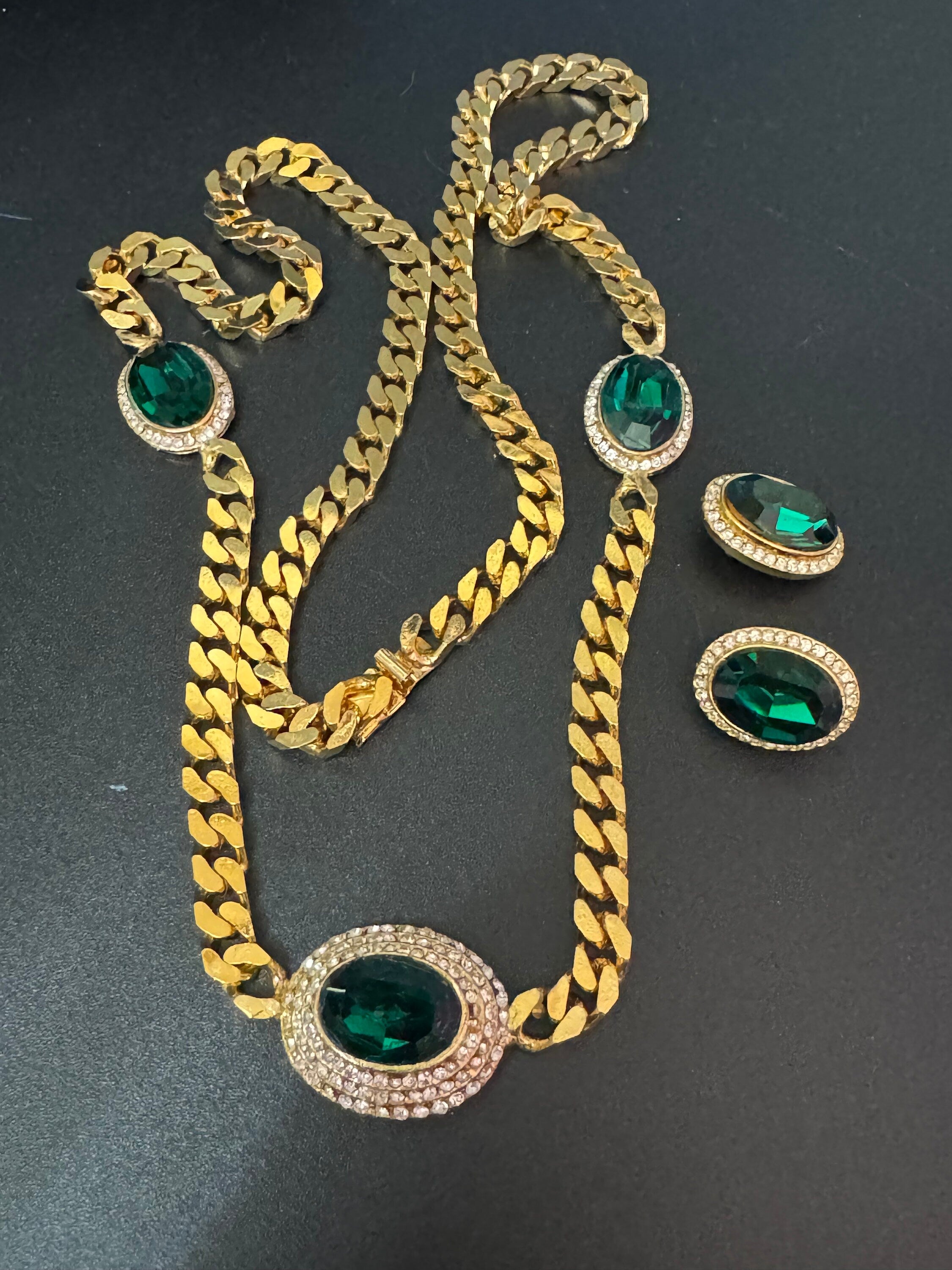 Vintage emerald green clear genuine Swarovski crystal gold tone oval rhinestone station necklace and clip on earrings
