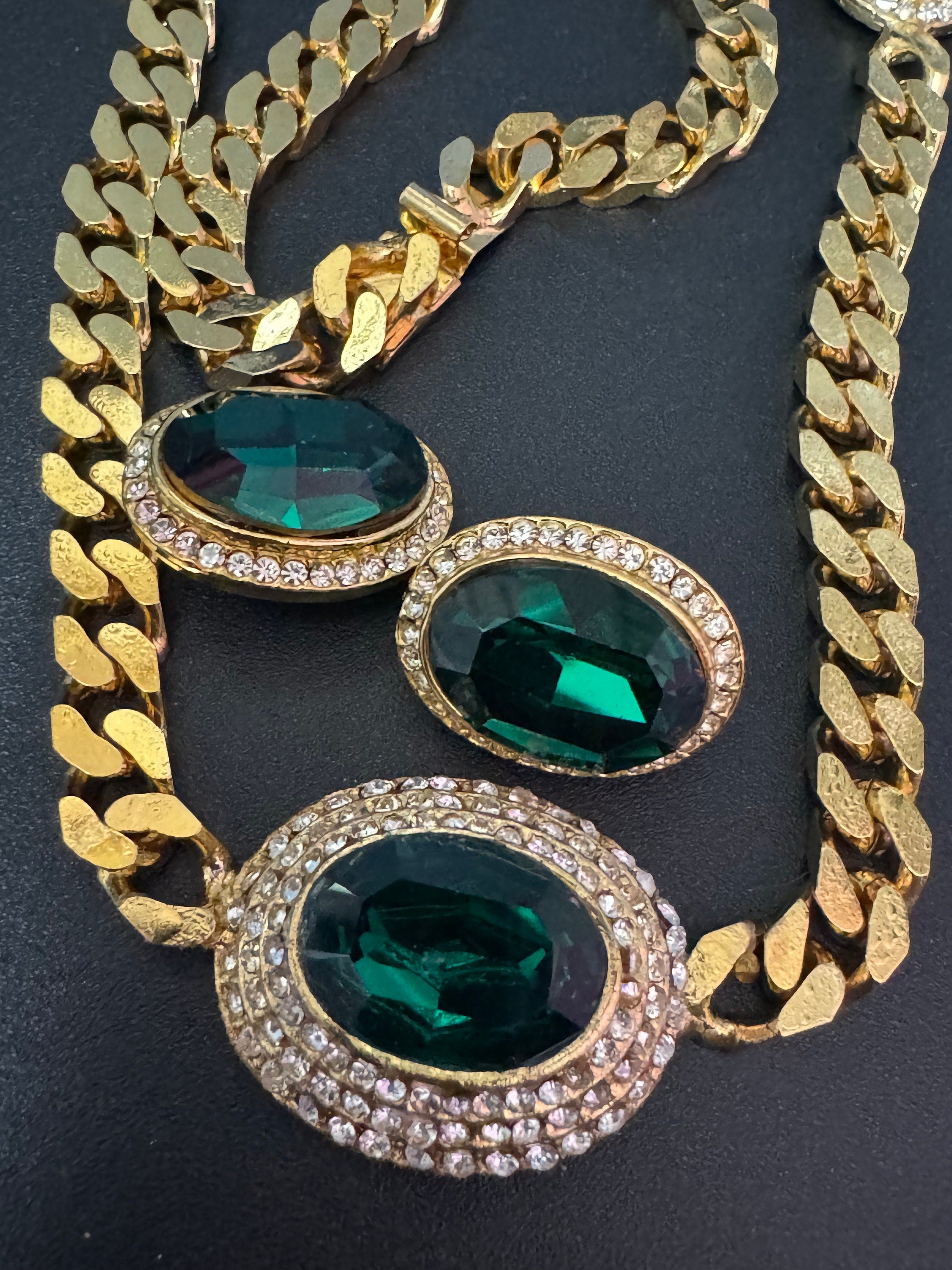 Vintage emerald green clear genuine Swarovski crystal gold tone oval rhinestone station necklace and clip on earrings