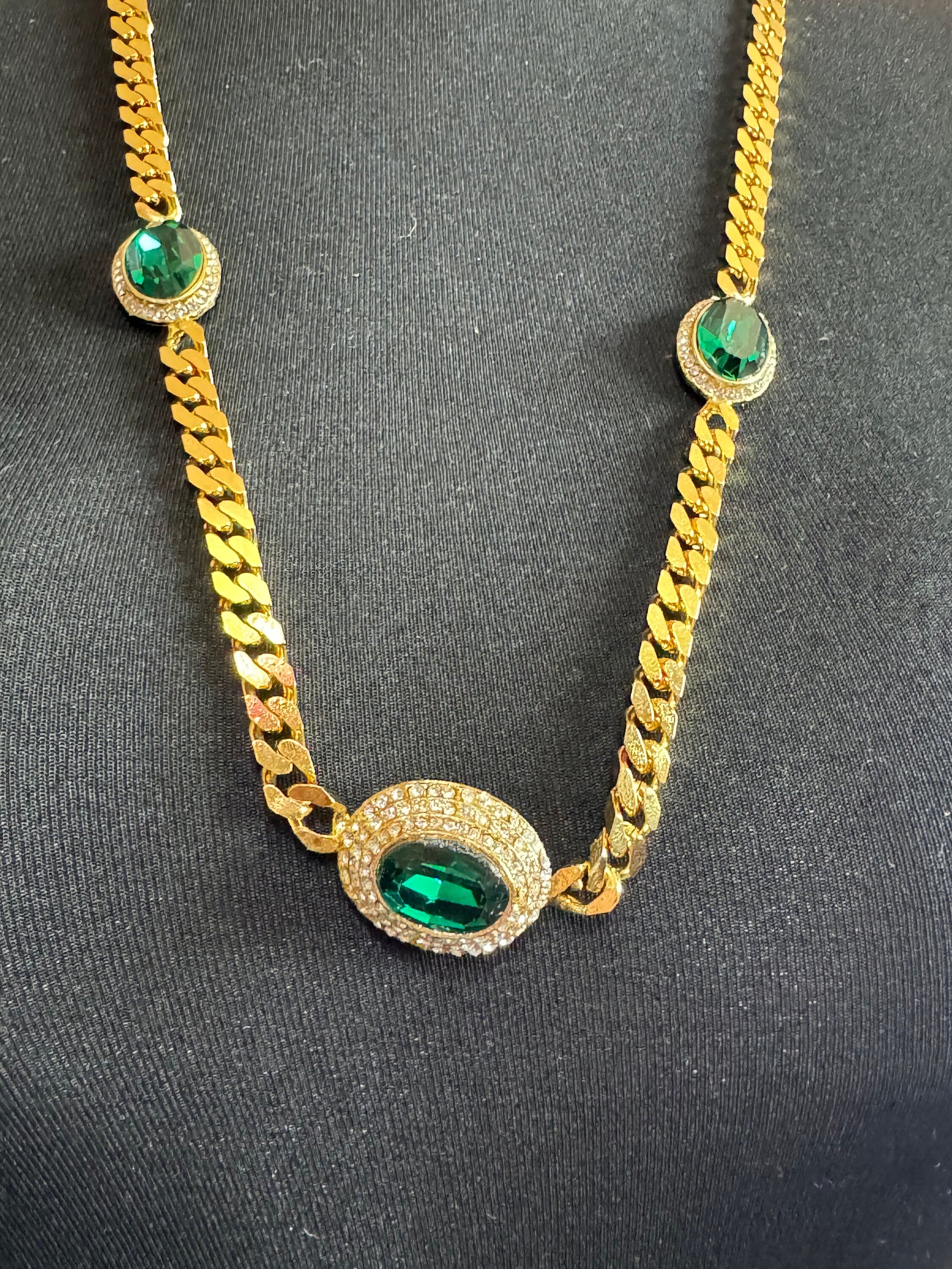 Vintage emerald green clear genuine Swarovski crystal gold tone oval rhinestone station necklace and clip on earrings