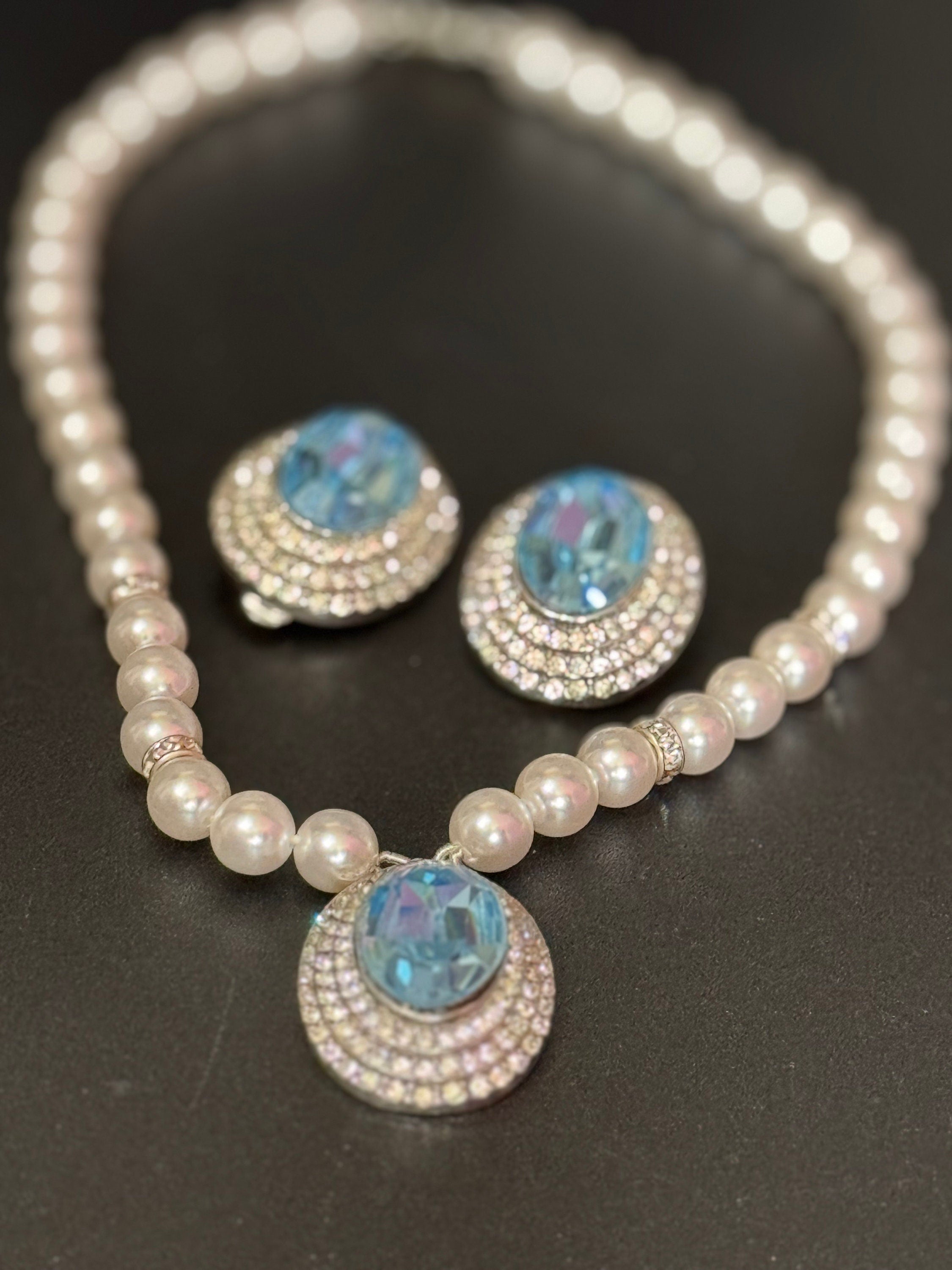 Vintage light sapphire blue oval clear Swarovski crystal silver tone faux acrylic pearl necklace and matching clip on earrings jewellery set