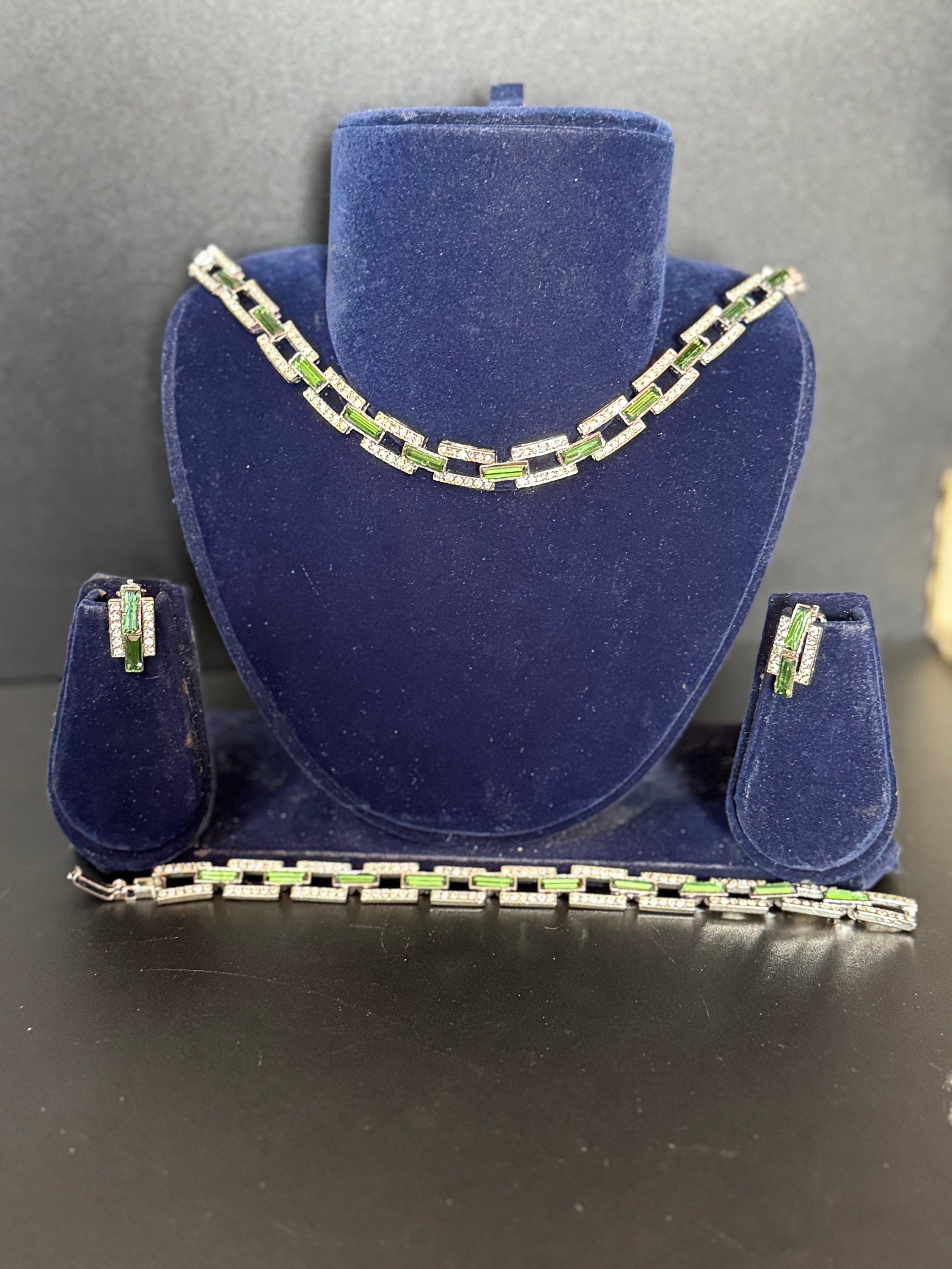 Vintage emerald green tourmaline clear genuine Swarovski baguette crystal silver tone geometric necklace bracelet & clip on earrings set