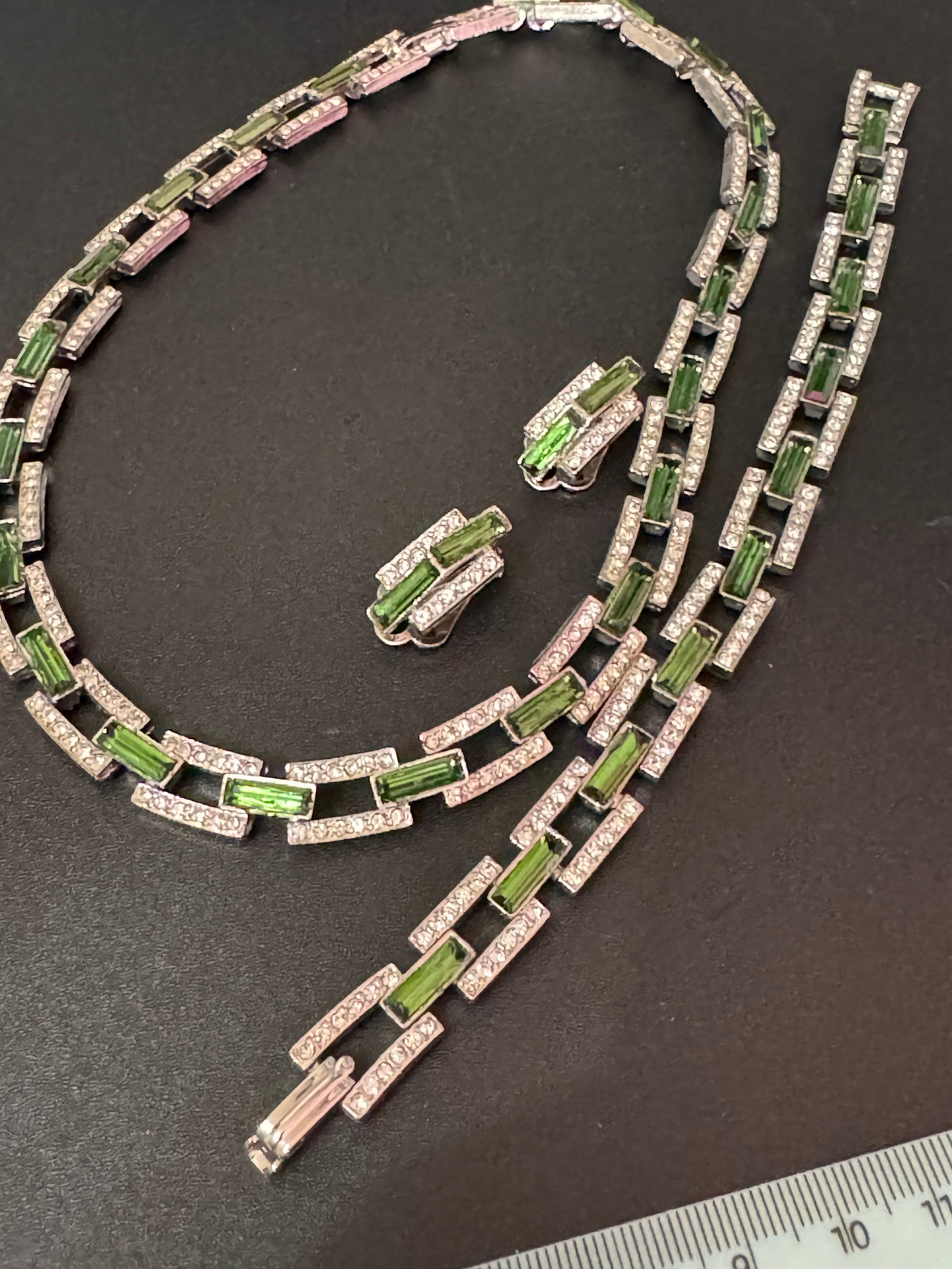 Vintage emerald green tourmaline clear genuine Swarovski baguette crystal silver tone geometric necklace bracelet & clip on earrings set