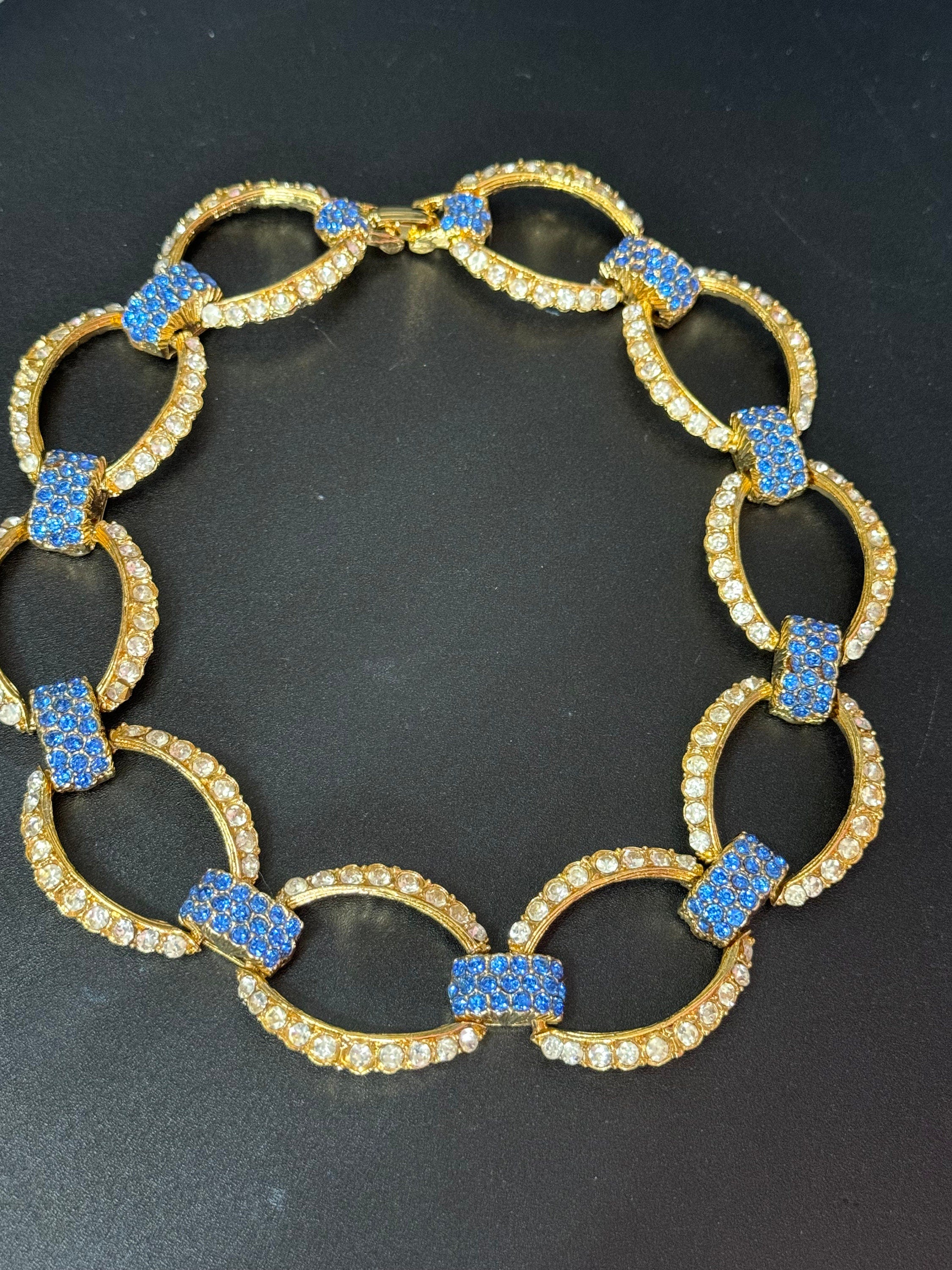 Vintage Sapphire Blue Diamanté Choker: Gold Tone Cable Link Necklace