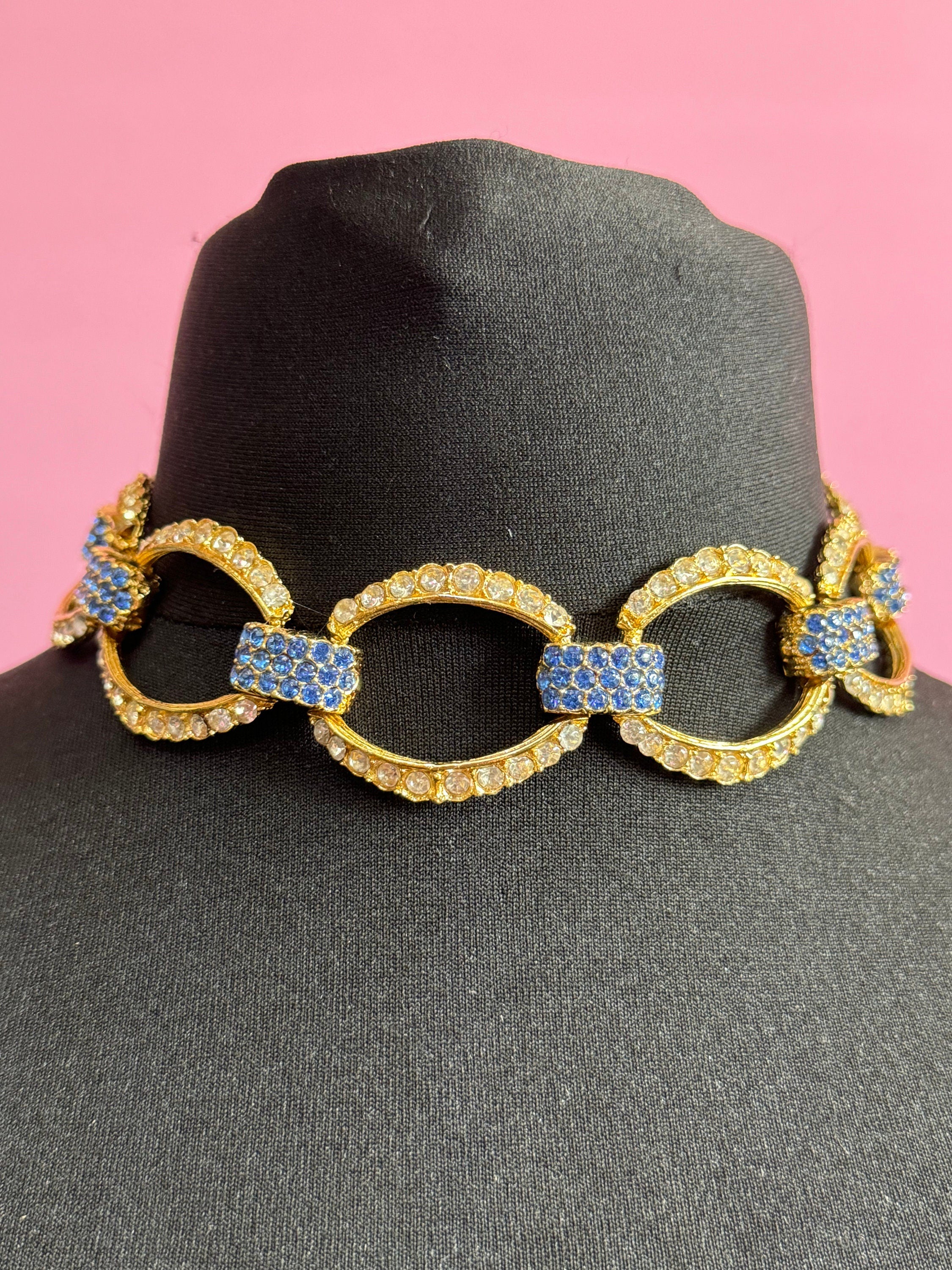 Vintage Sapphire Blue Diamanté Choker: Gold Tone Cable Link Necklace