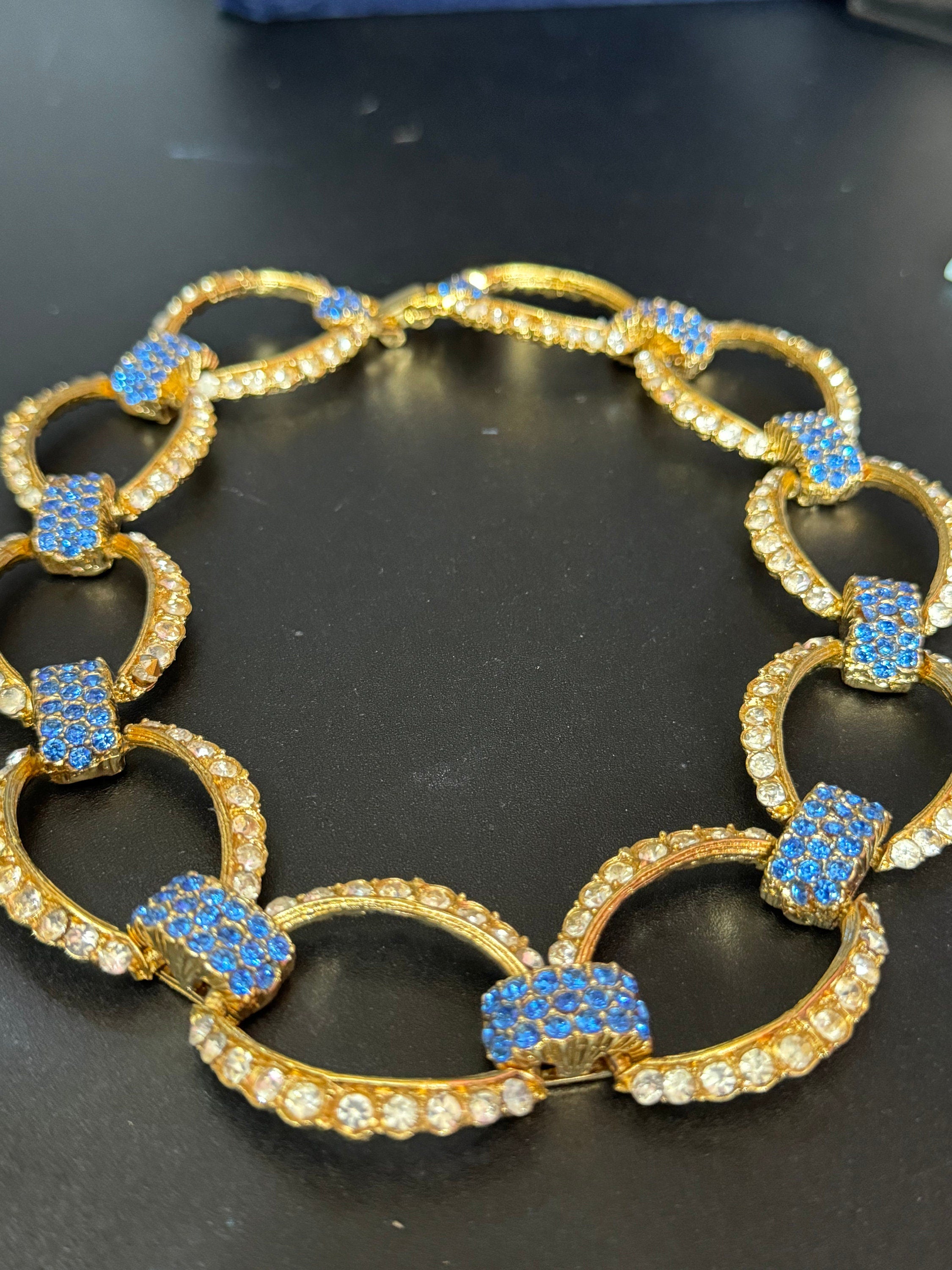 Vintage Sapphire Blue Diamanté Choker: Gold Tone Cable Link Necklace