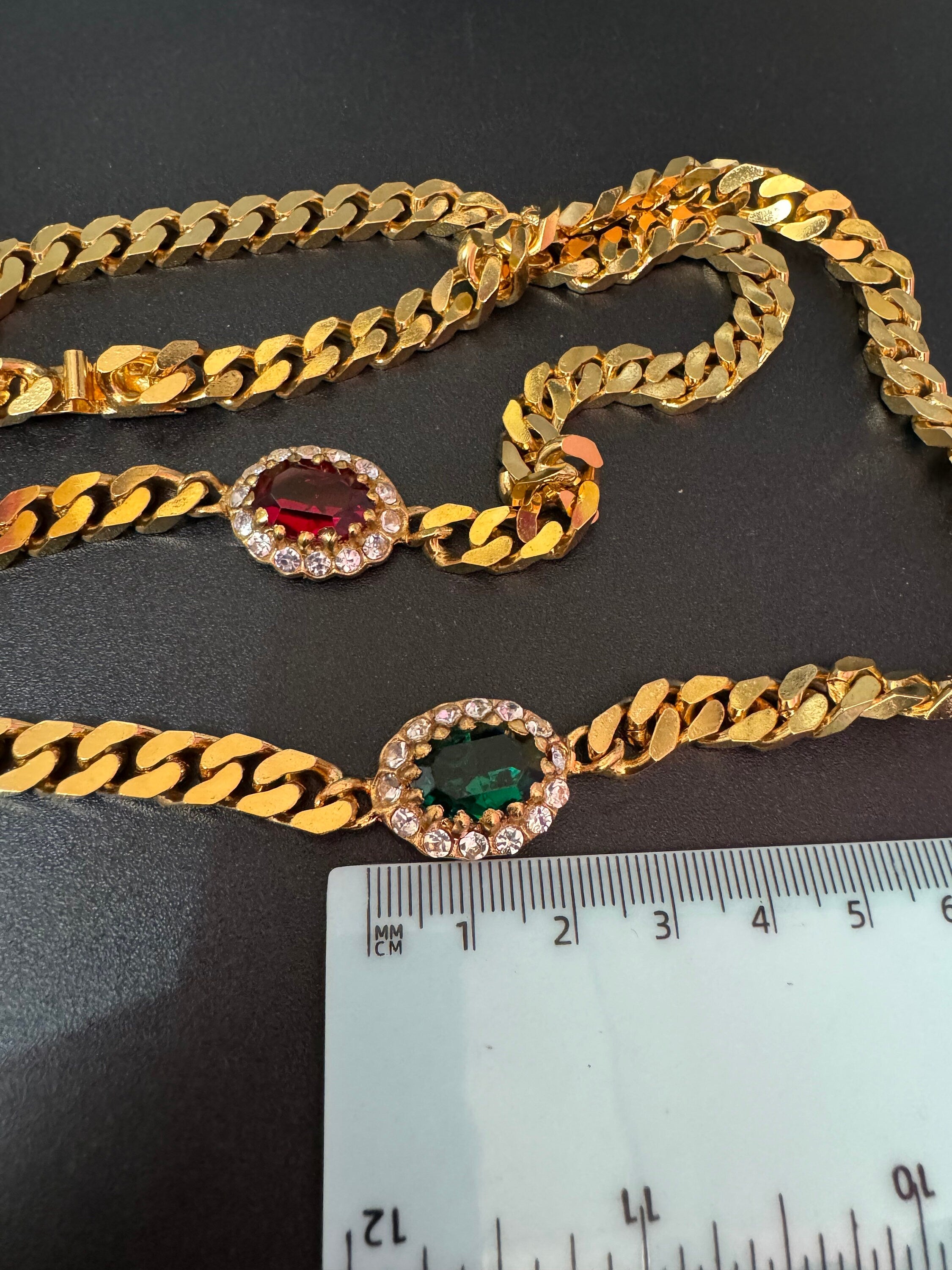 Vintage Swarovski Crystal Station Necklace: Emerald Green, Ruby, Gold Tone Chain