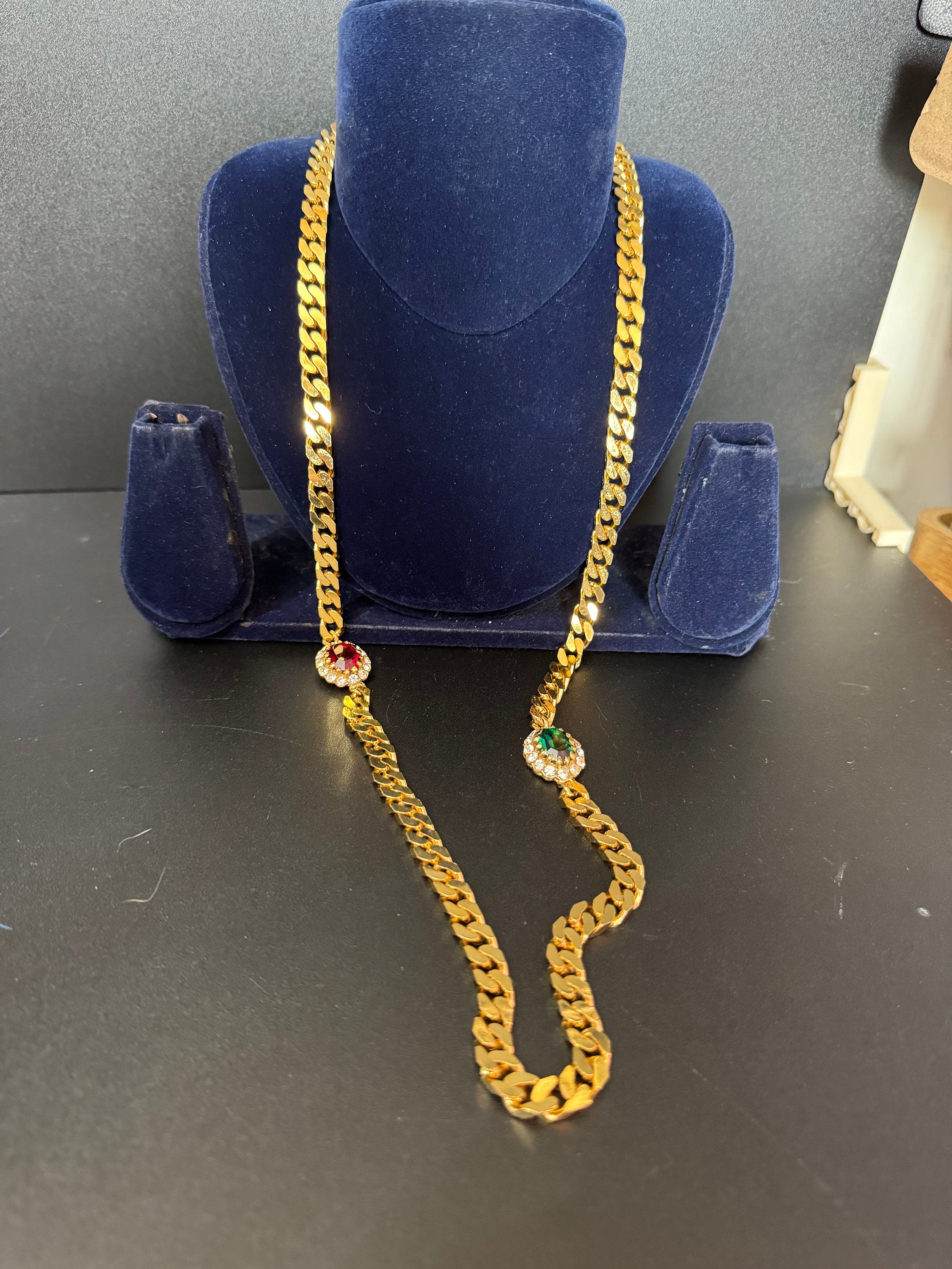 Vintage Swarovski Crystal Station Necklace: Emerald Green, Ruby, Gold Tone Chain