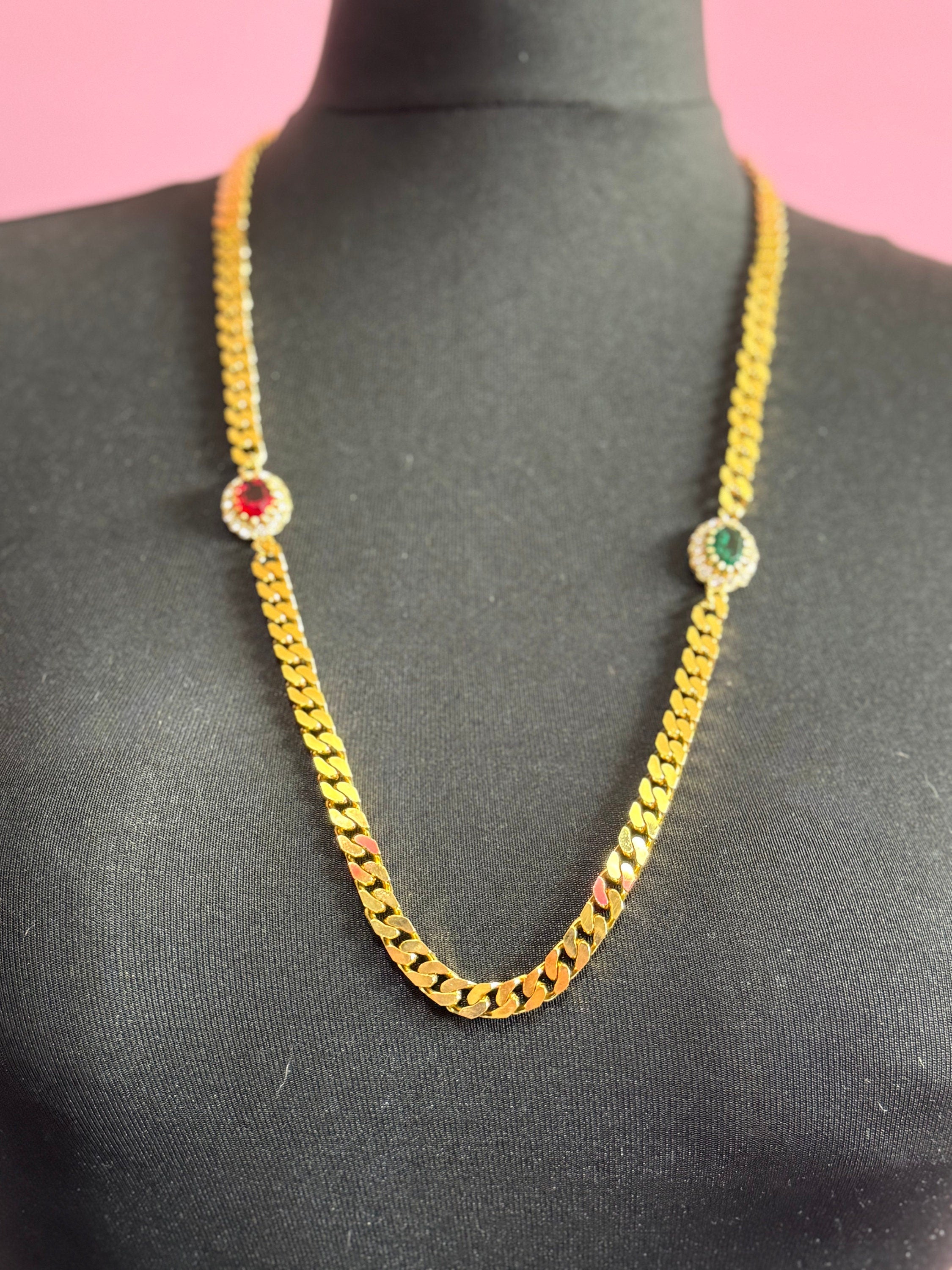 Vintage Swarovski Crystal Station Necklace: Emerald Green, Ruby, Gold Tone Chain