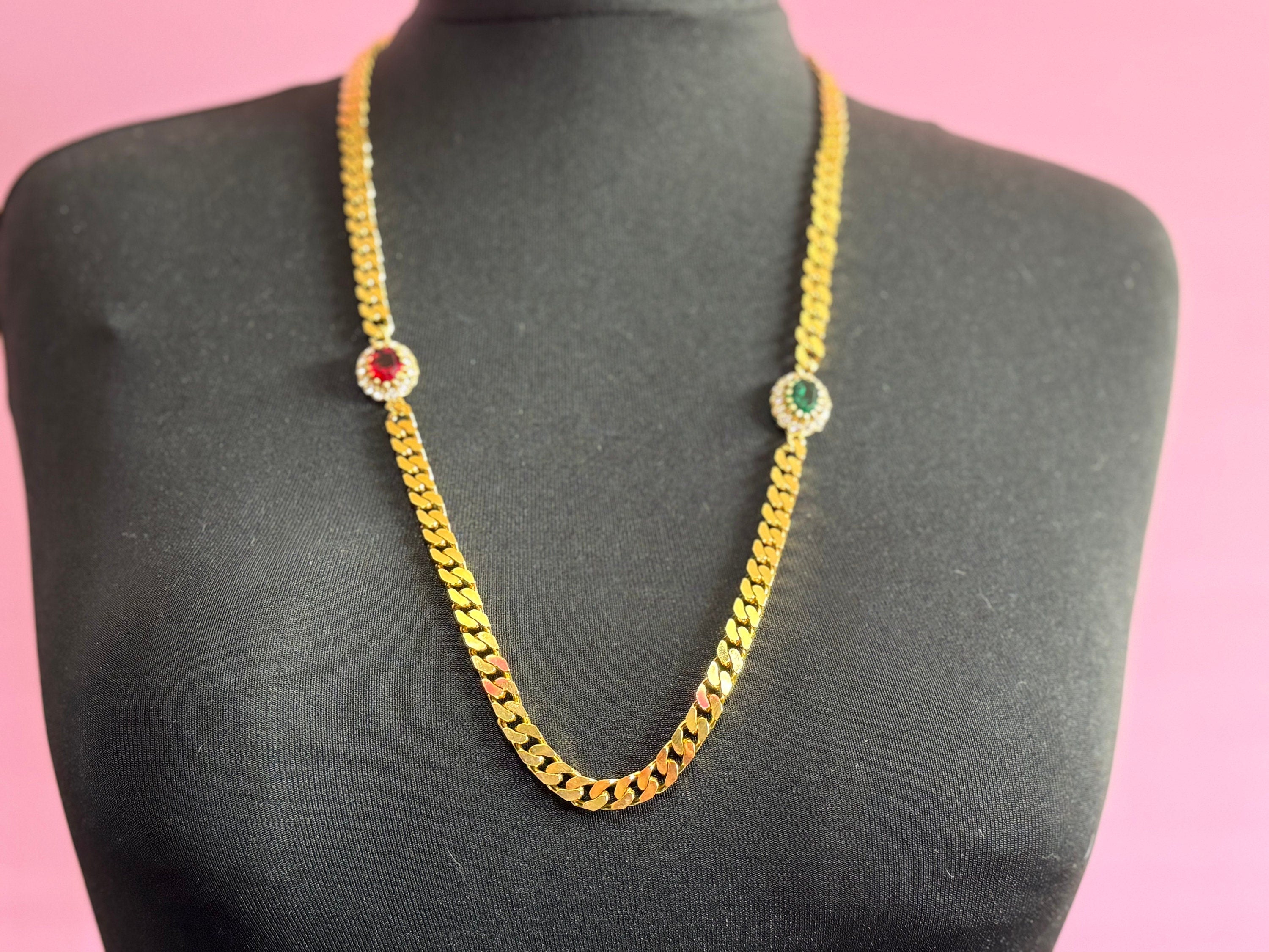 Vintage Swarovski Crystal Station Necklace: Emerald Green, Ruby, Gold Tone Chain
