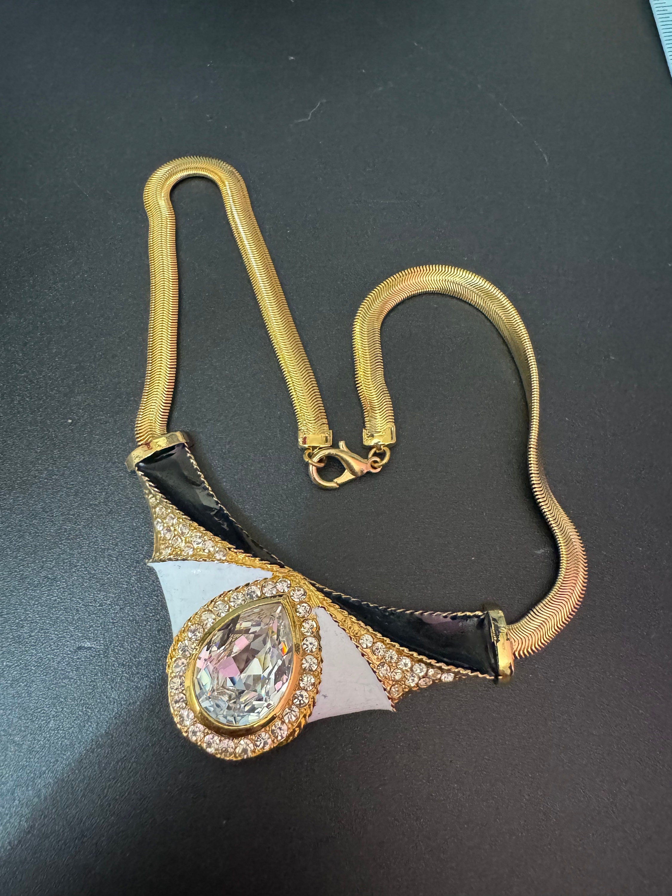 Vintage Diamanté Crystal Choker: Rhinestone Gold Tone Enamel Pendant