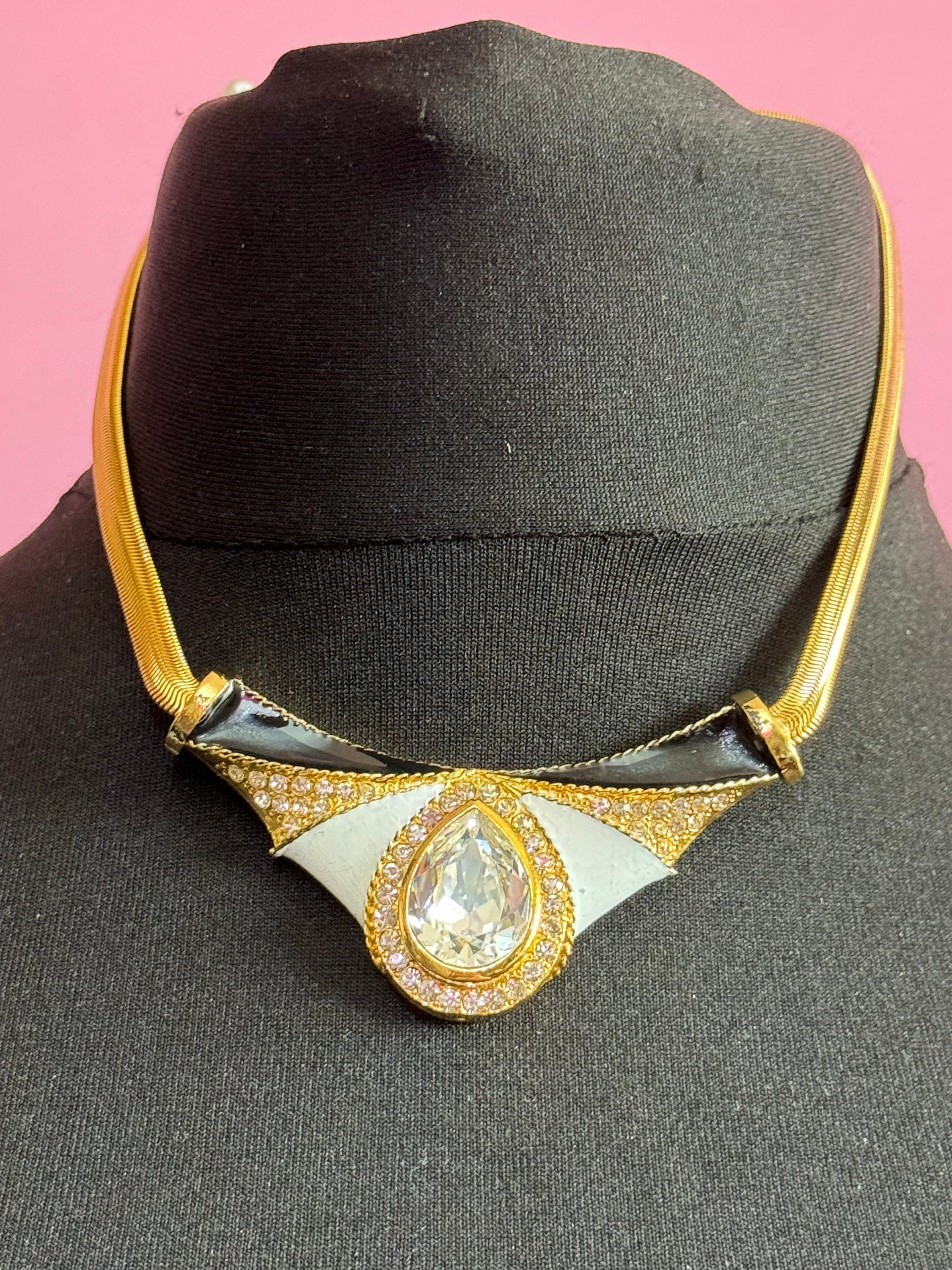 Vintage Diamanté Crystal Choker: Rhinestone Gold Tone Enamel Pendant