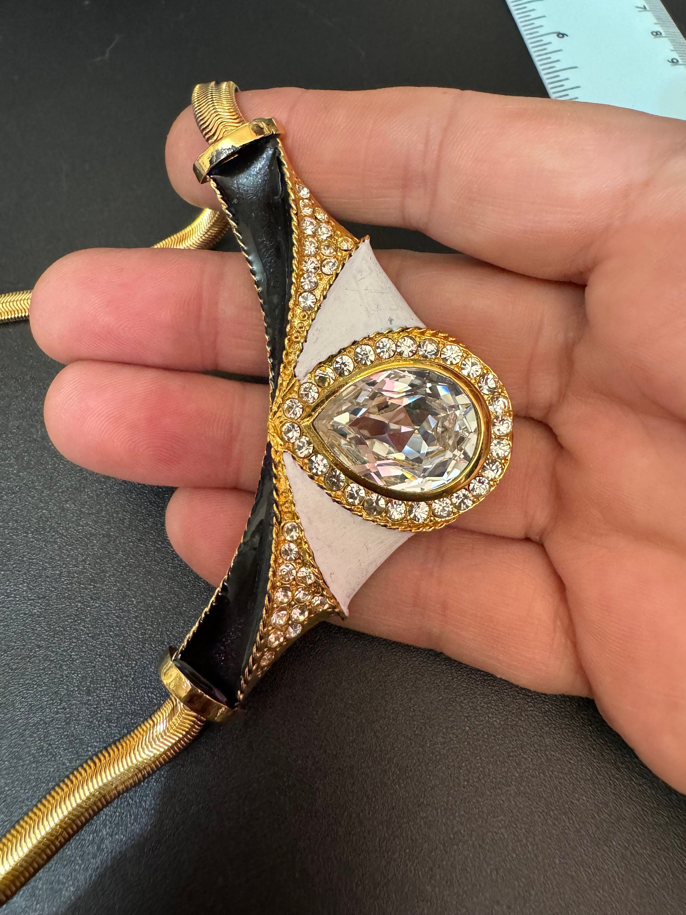 Vintage Diamanté Crystal Choker: Rhinestone Gold Tone Enamel Pendant