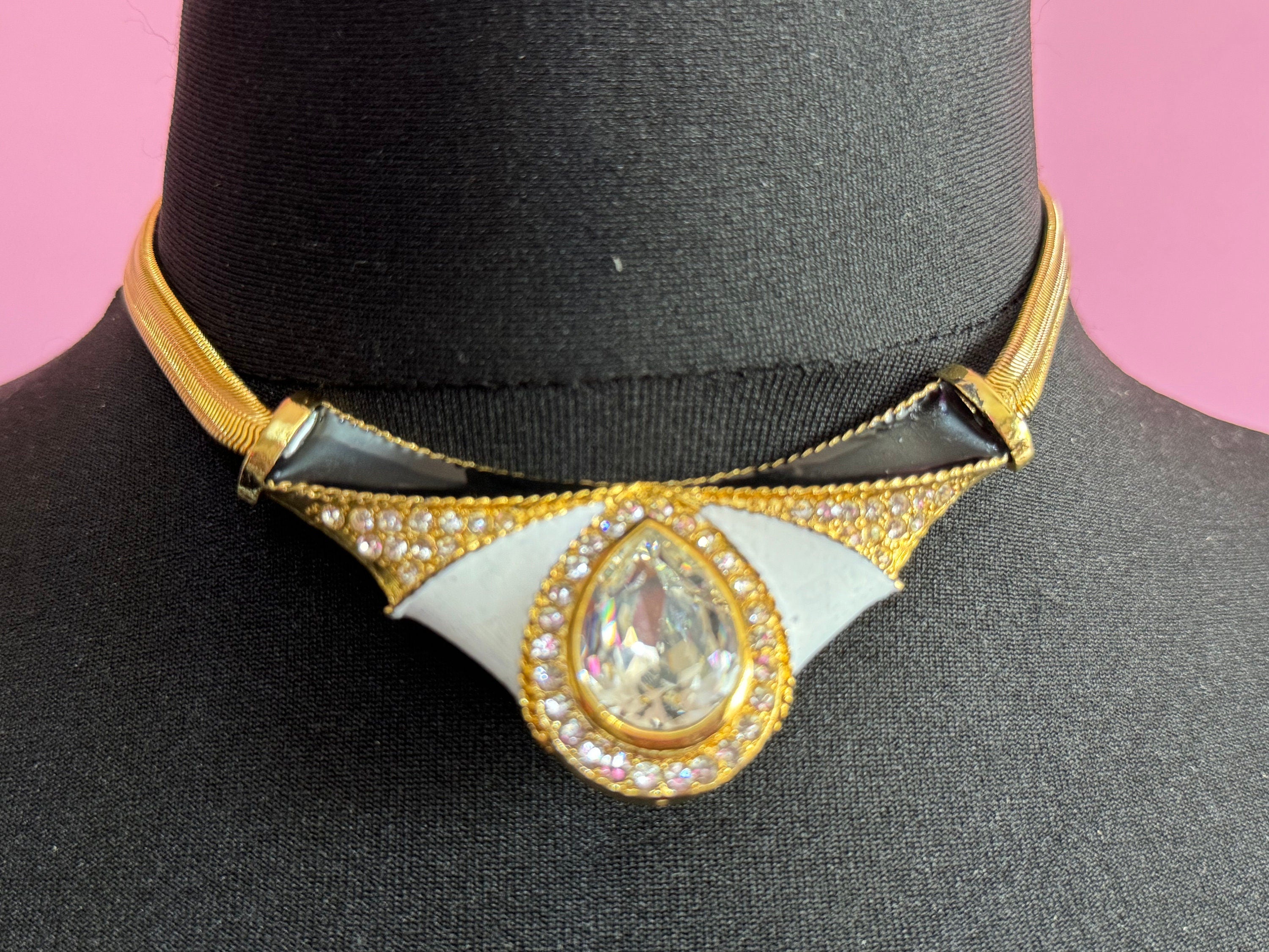 Vintage Diamanté Crystal Choker: Rhinestone Gold Tone Enamel Pendant