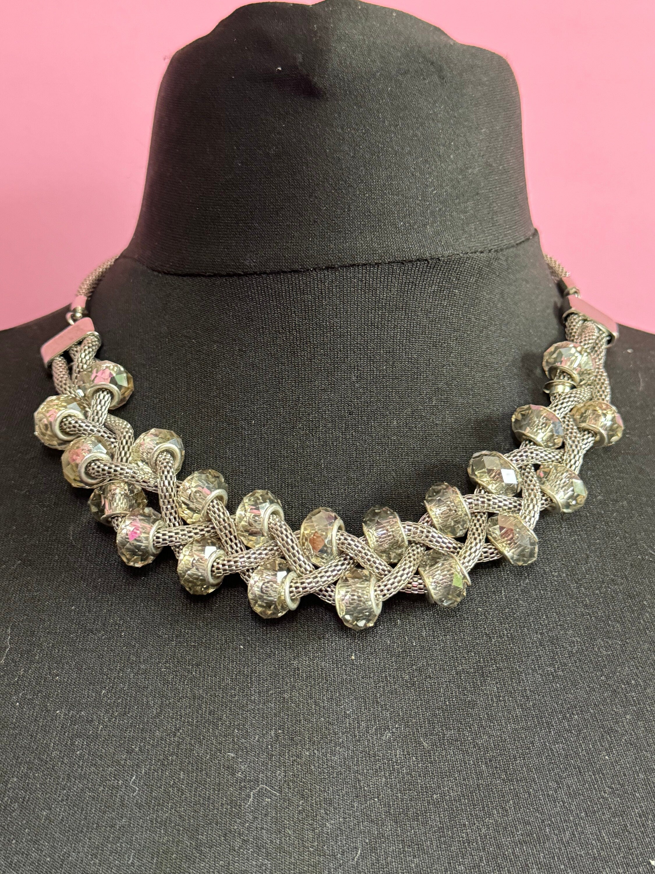 modernist retro dark silver tone mesh chunky clear glass rondelle beaded collar necklace 50-56cm