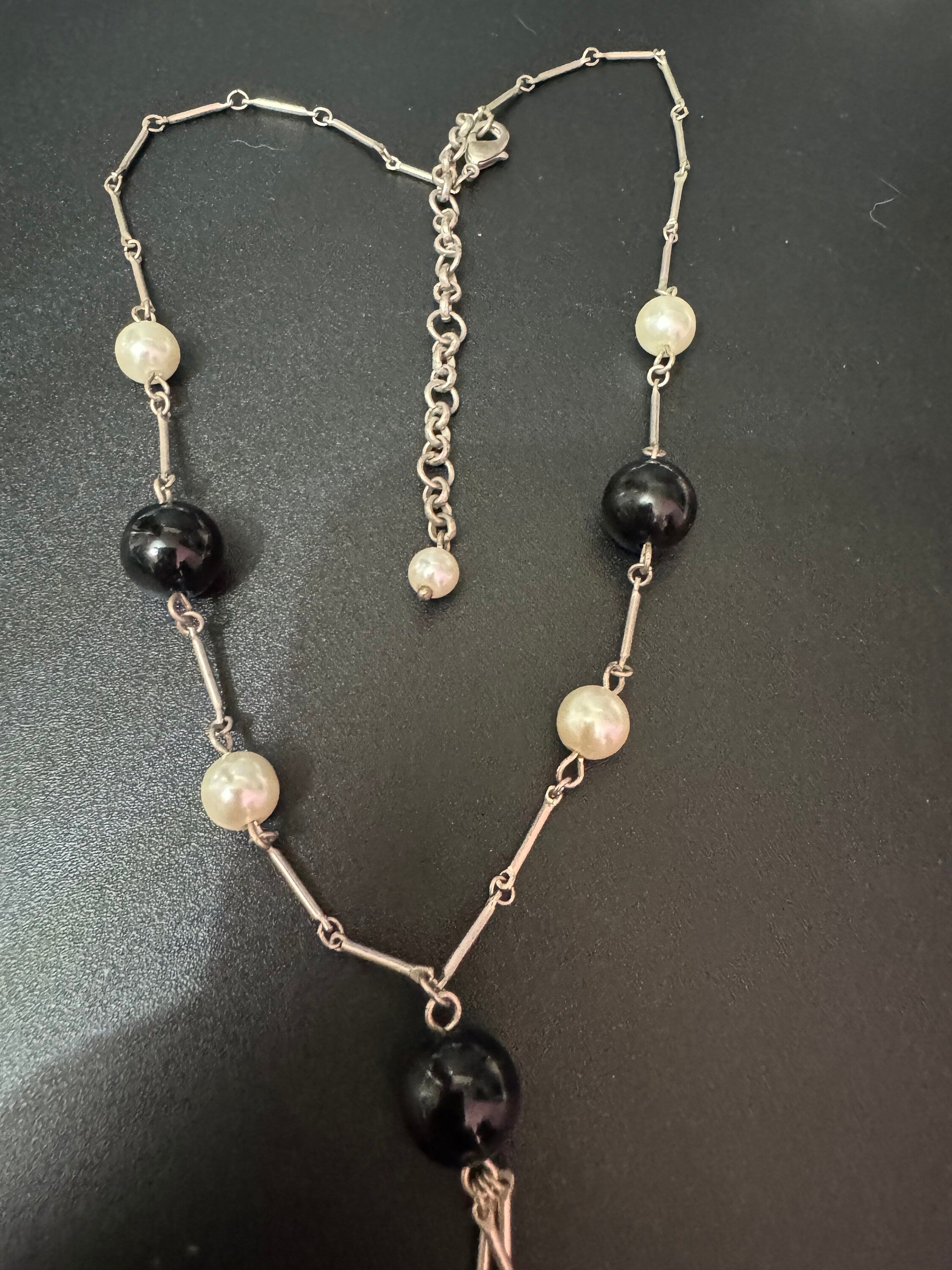 Vintage Silver Tone Faux Pearl Tassel Necklace