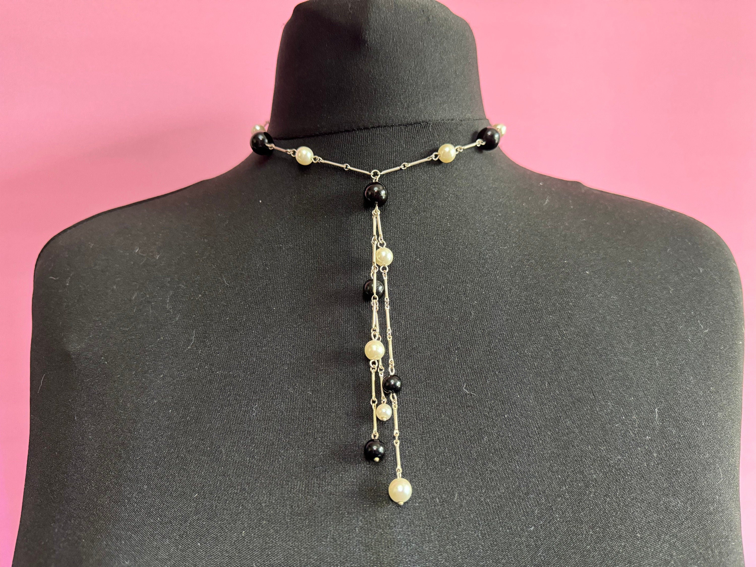 Vintage Silver Tone Faux Pearl Tassel Necklace