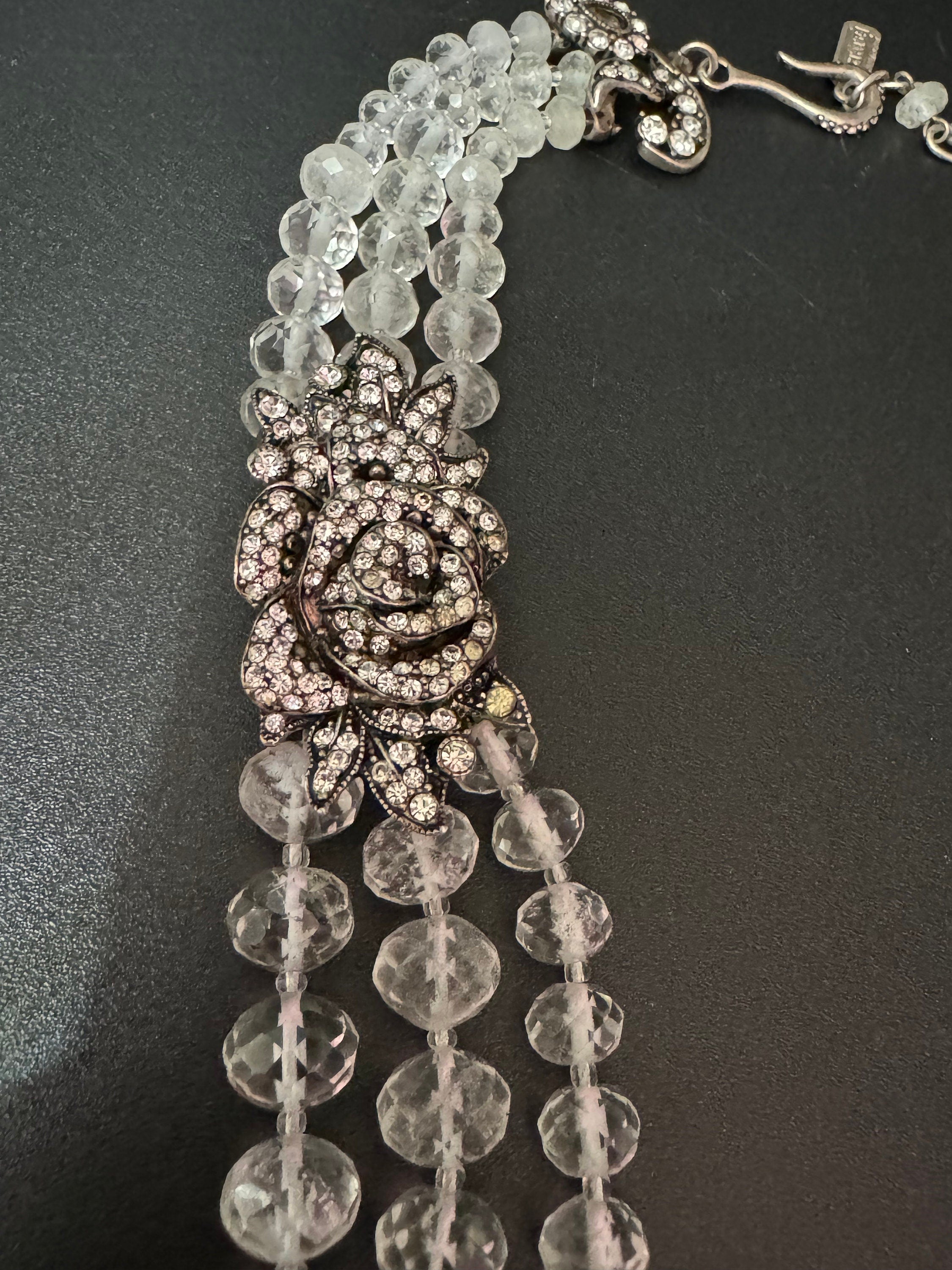 Vintage MONET ESTATE signed 3 row clear diamanté crystal glass necklace with silver and clear floral rhinestones high end piece