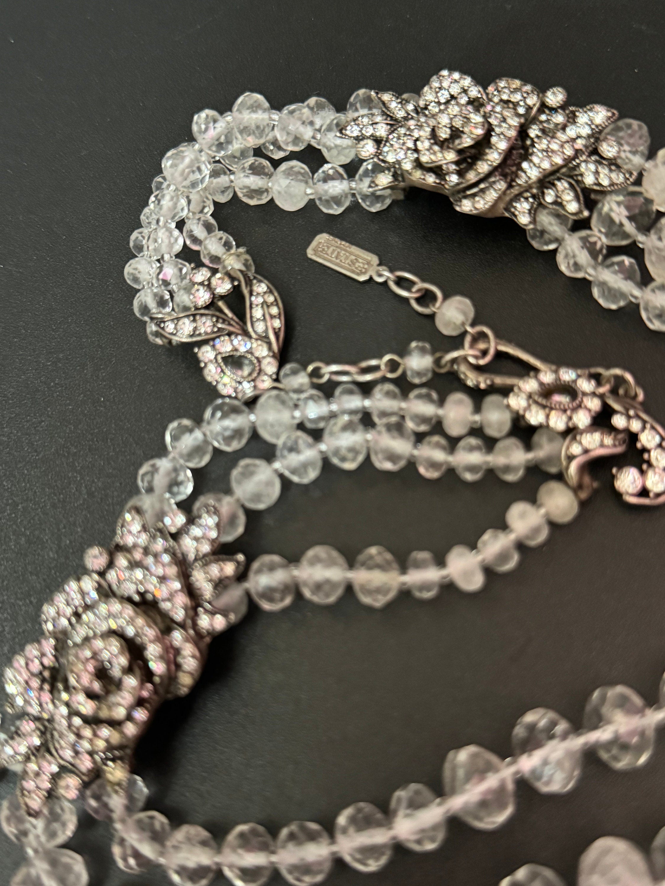 Vintage MONET ESTATE signed 3 row clear diamanté crystal glass necklace with silver and clear floral rhinestones high end piece