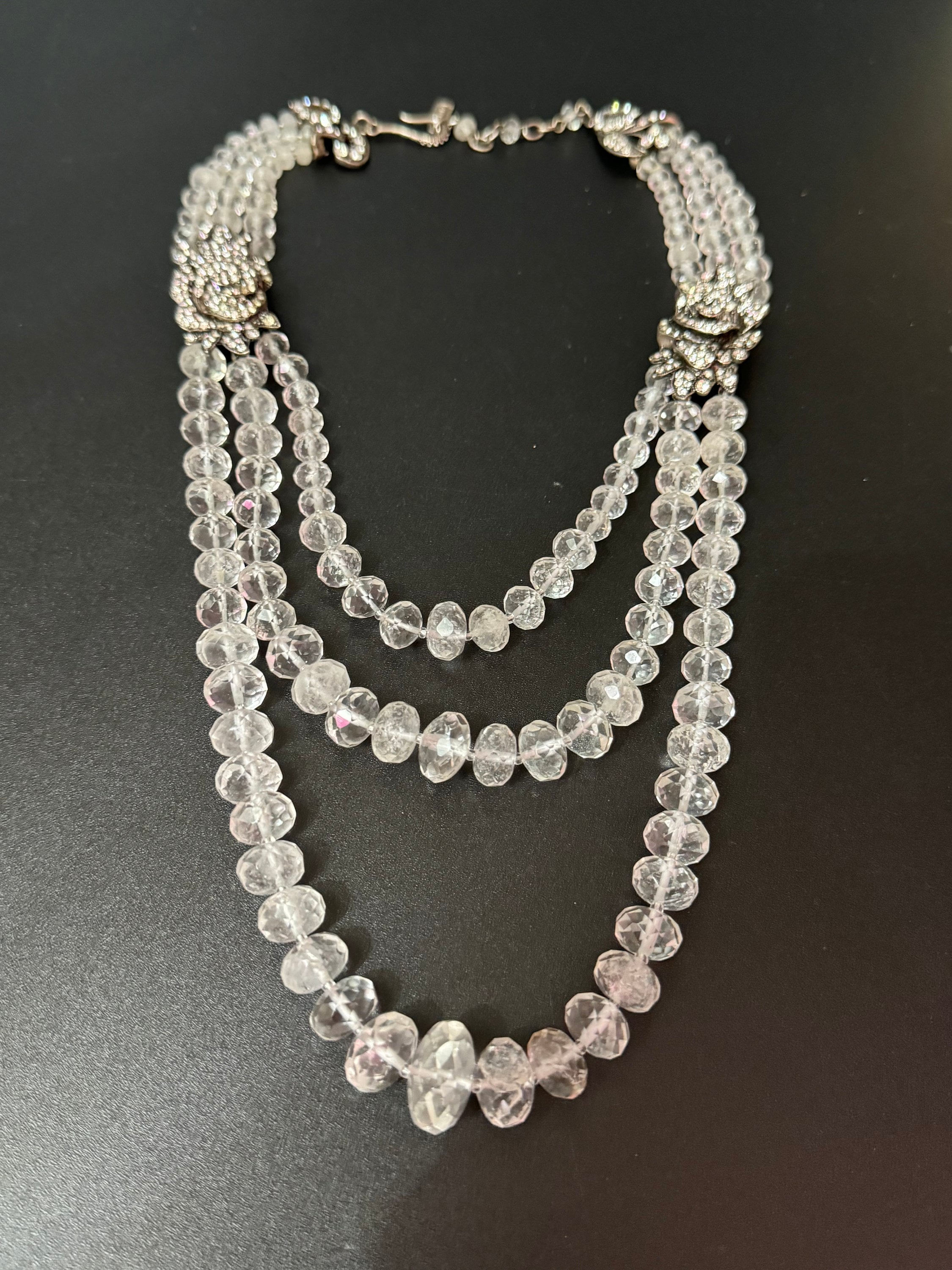 Vintage MONET ESTATE signed 3 row clear diamanté crystal glass necklace with silver and clear floral rhinestones high end piece
