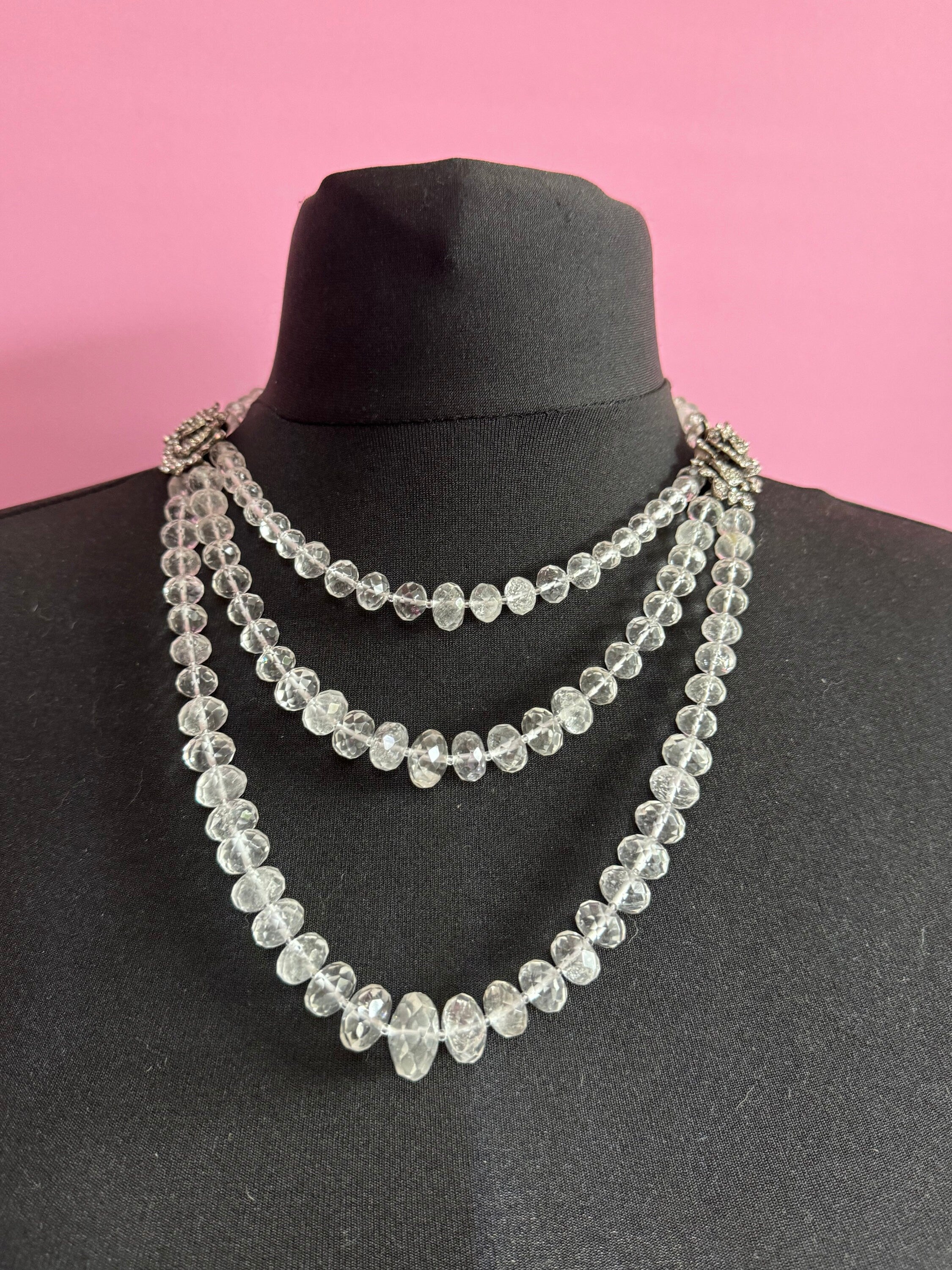 Vintage MONET ESTATE signed 3 row clear diamanté crystal glass necklace with silver and clear floral rhinestones high end piece