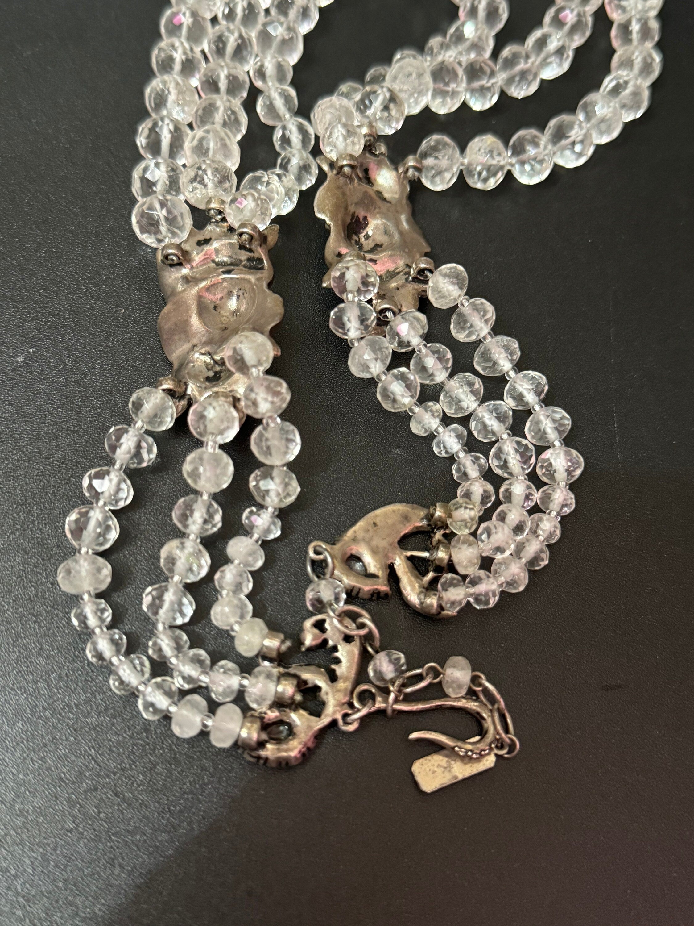 Vintage MONET ESTATE signed 3 row clear diamanté crystal glass necklace with silver and clear floral rhinestones high end piece