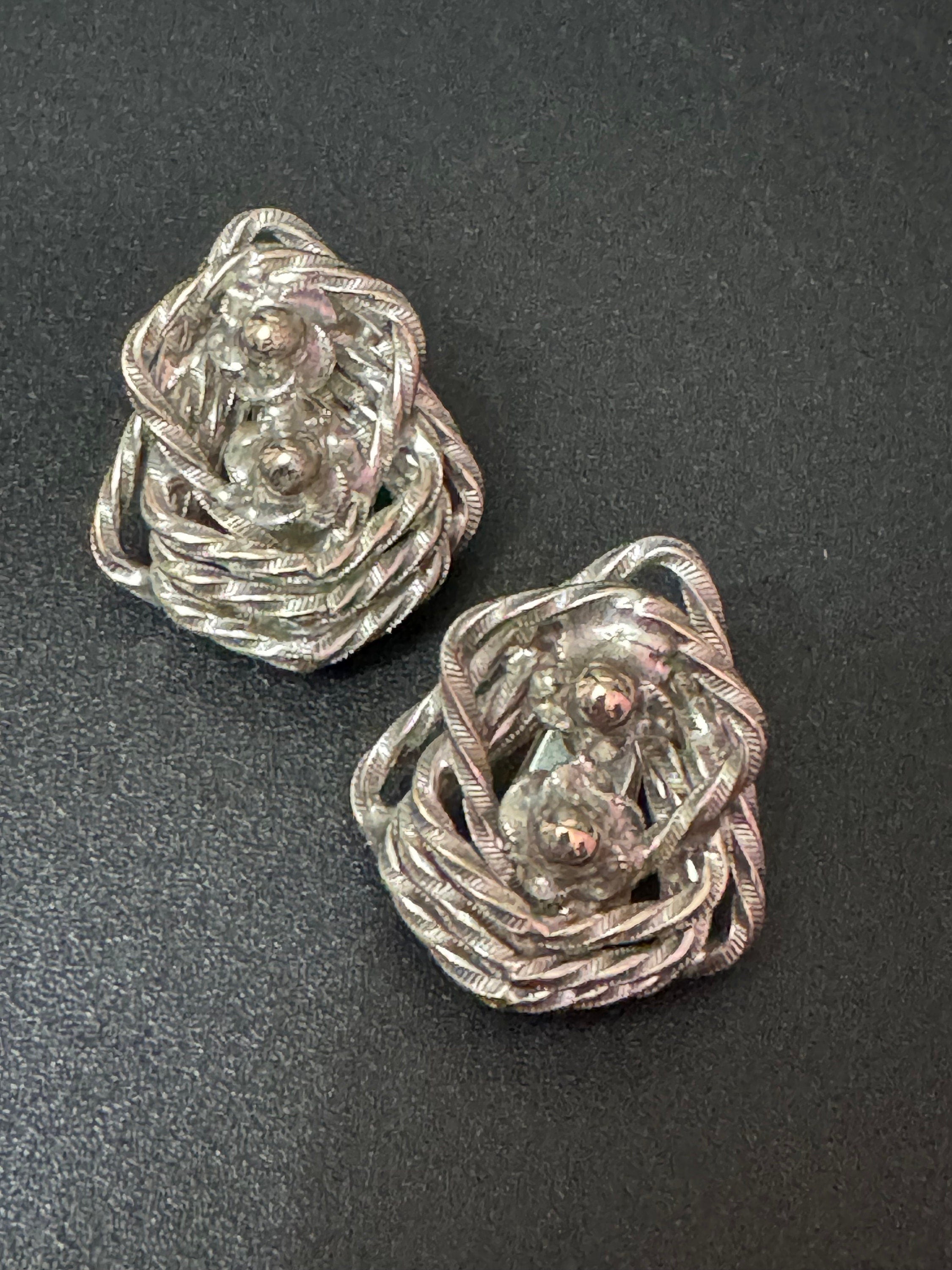 Signed Hattie Carnegie designer brutalist abstract clip on stud earrings modernist silver tone metal vintage