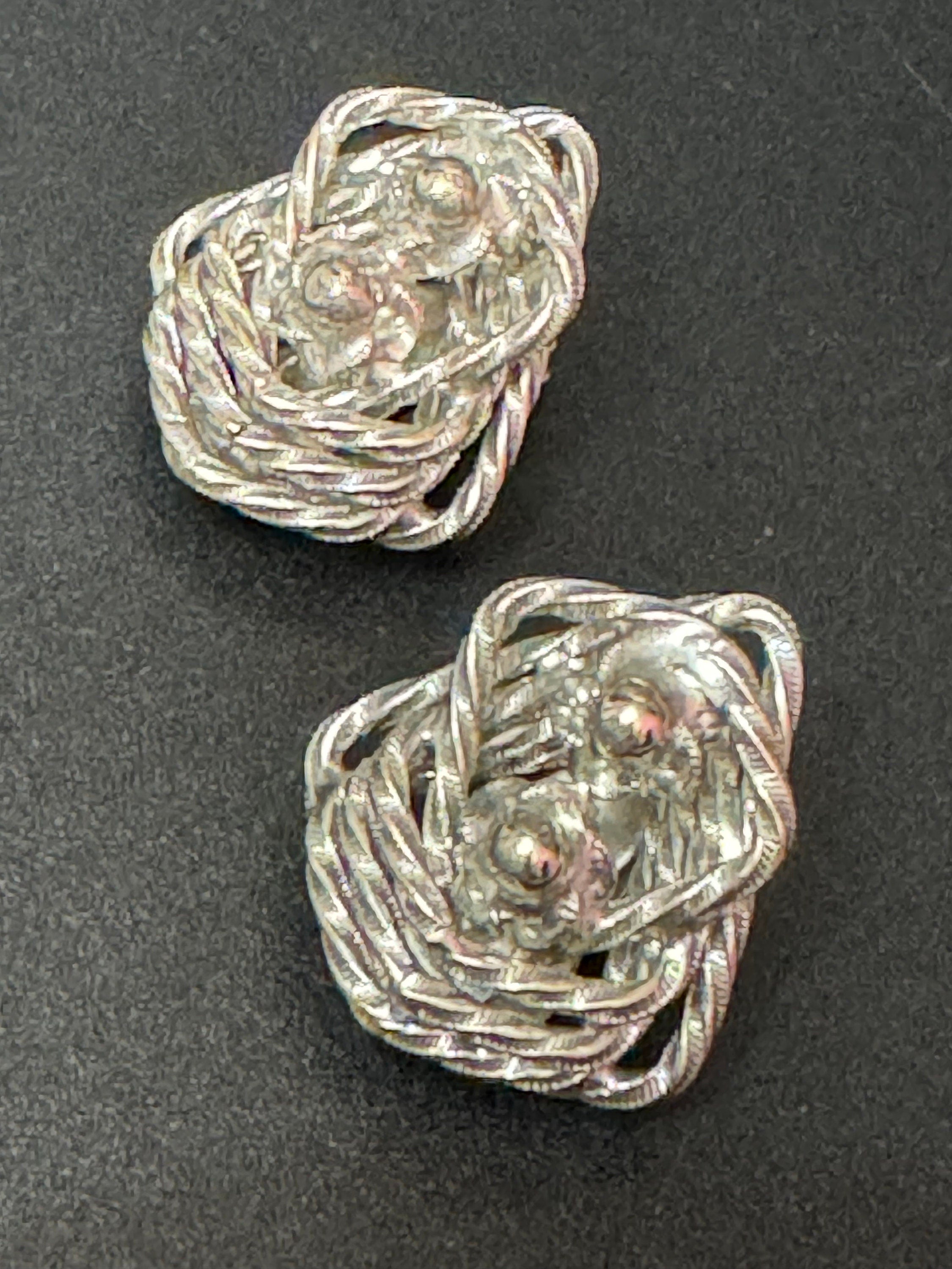 Signed Hattie Carnegie designer brutalist abstract clip on stud earrings modernist silver tone metal vintage