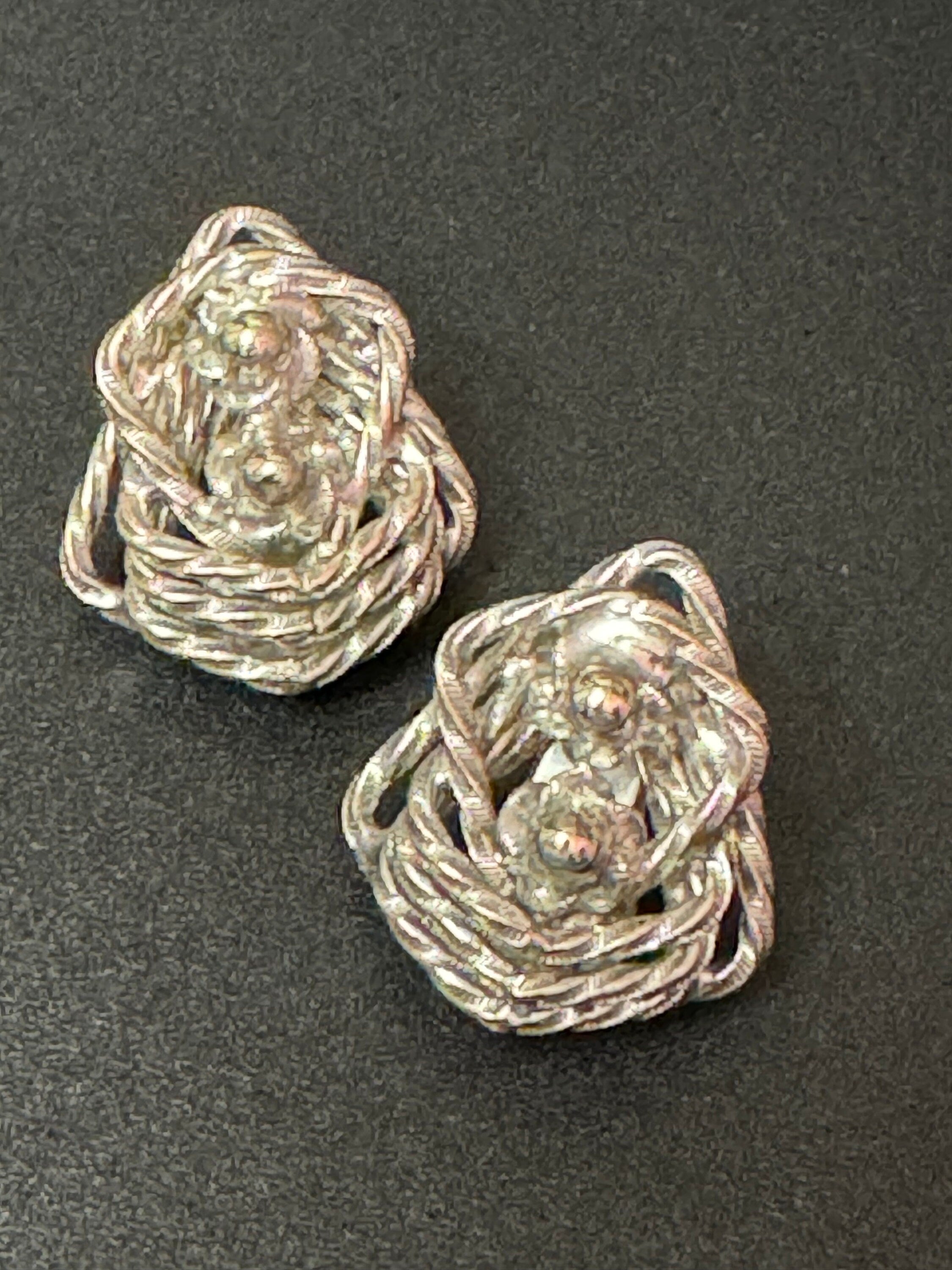 Signed Hattie Carnegie designer brutalist abstract clip on stud earrings modernist silver tone metal vintage