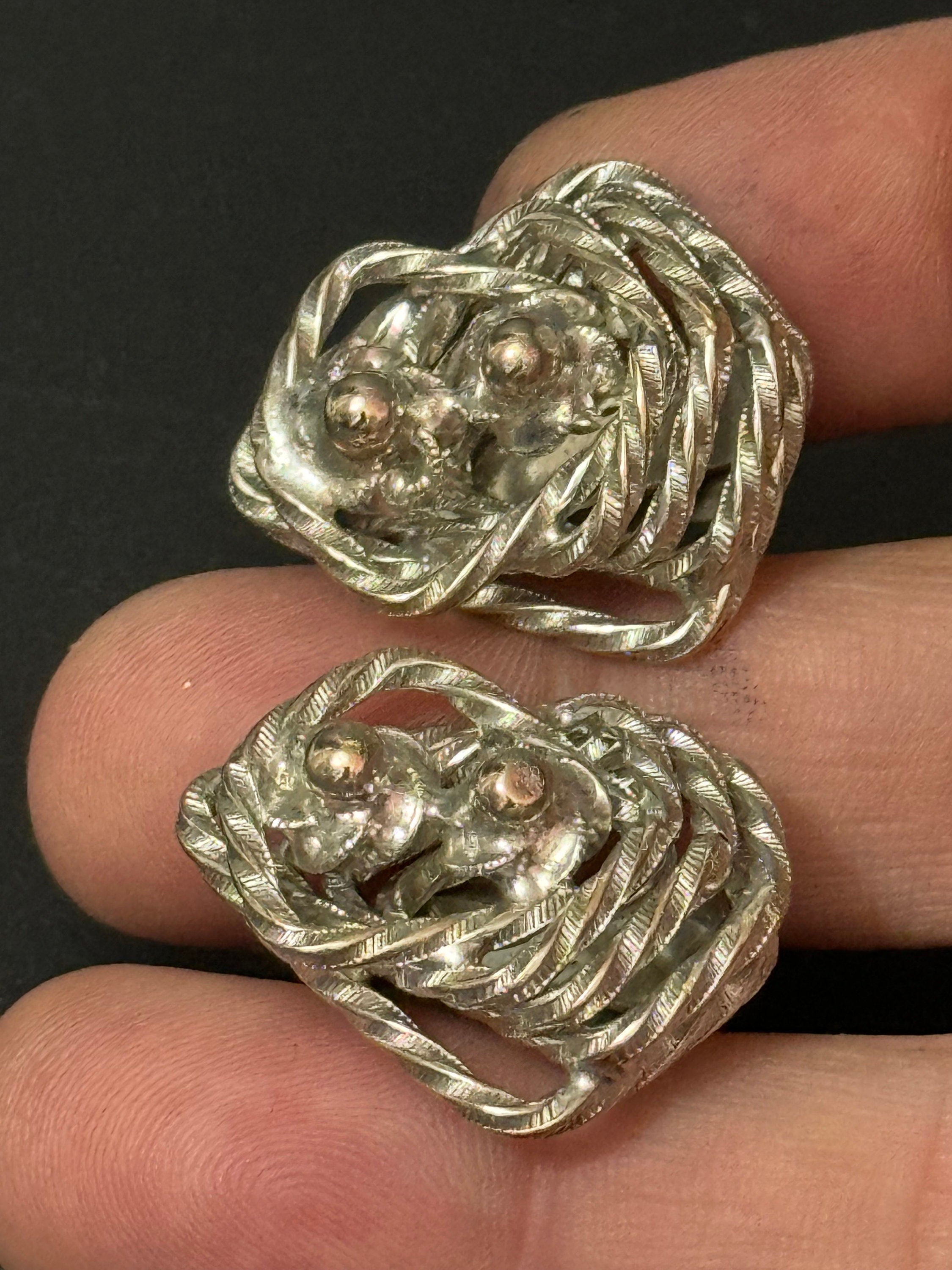 Signed Hattie Carnegie designer brutalist abstract clip on stud earrings modernist silver tone metal vintage