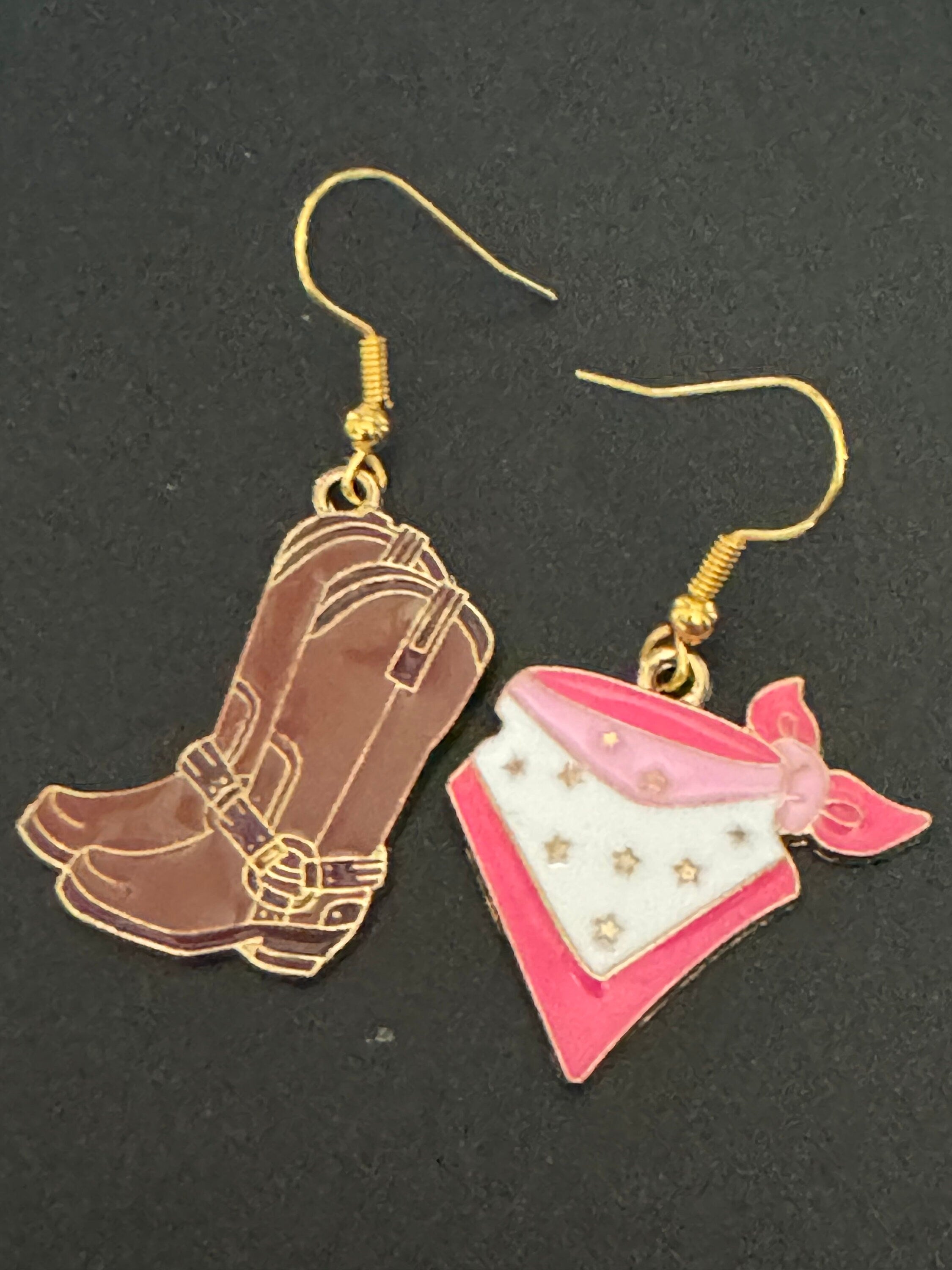 Cowboy boot and pink cowgirl bandana dangly earrings Dolly Parton jewellery pierced Western 2.0 gold tone brown enamel