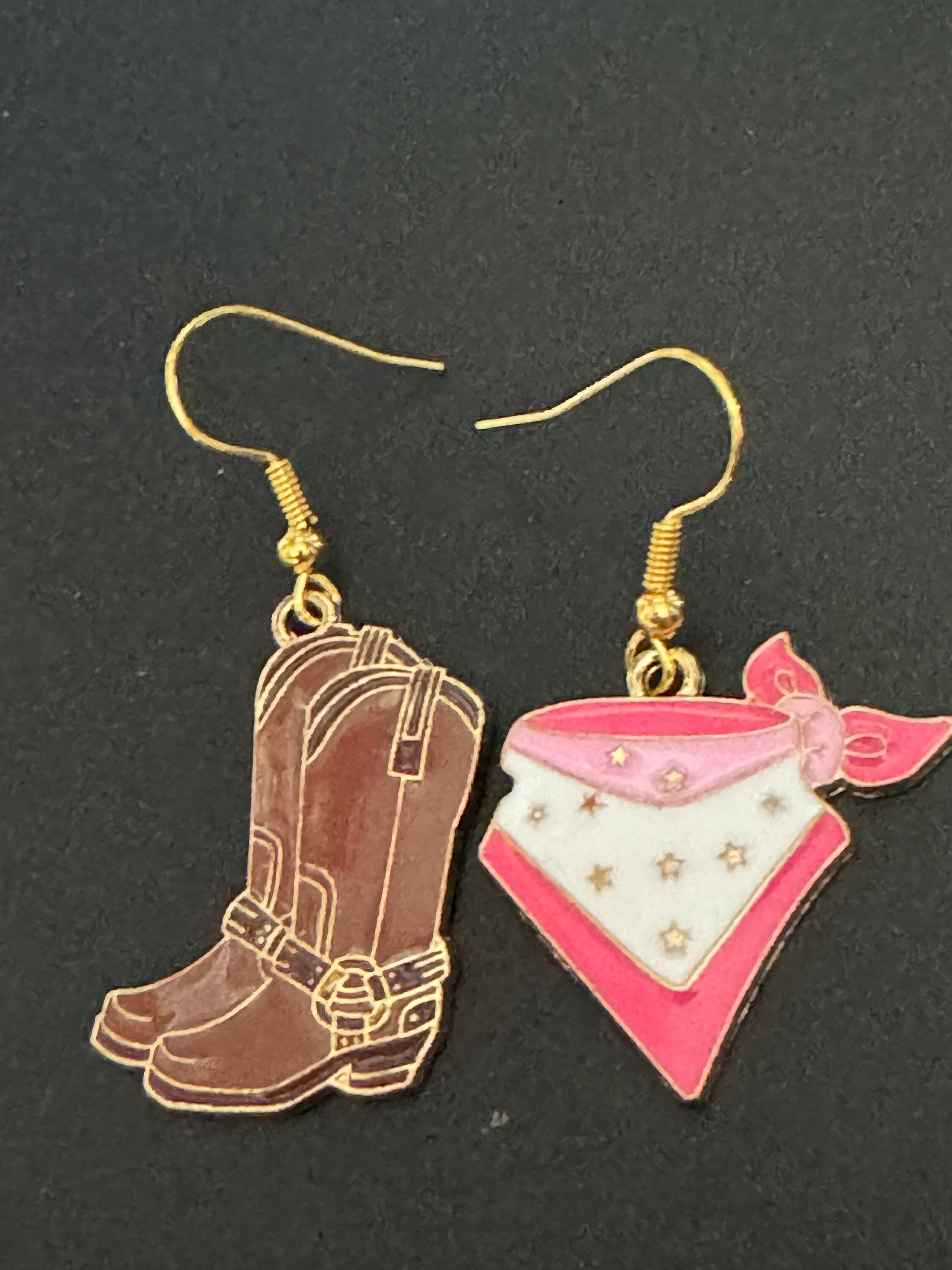 Cowboy boot and pink cowgirl bandana dangly earrings Dolly Parton jewellery pierced Western 2.0 gold tone brown enamel