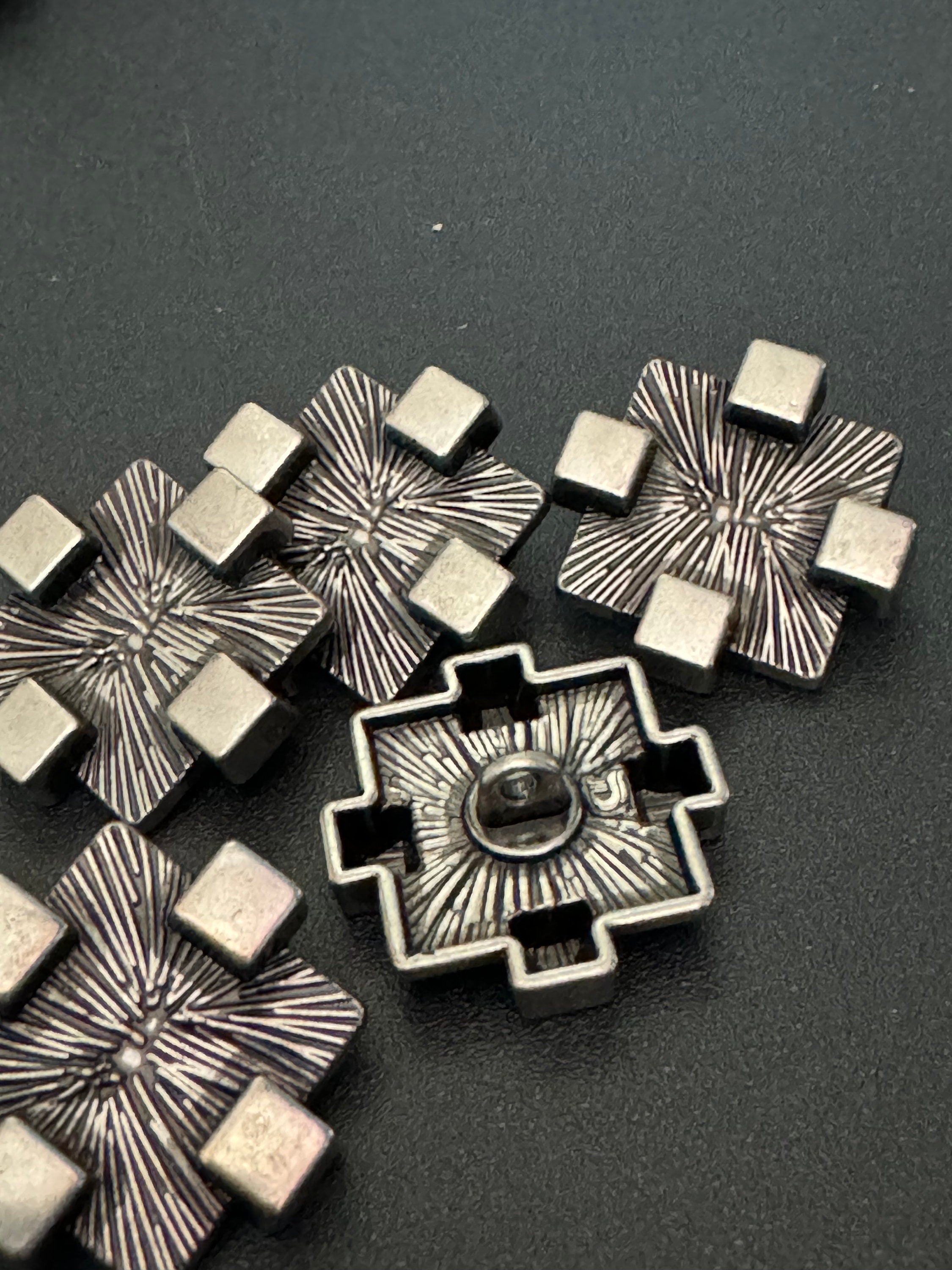 Brutalist Textured Steel Buttons: Dark Silver Geometric Design (Pack of 5)