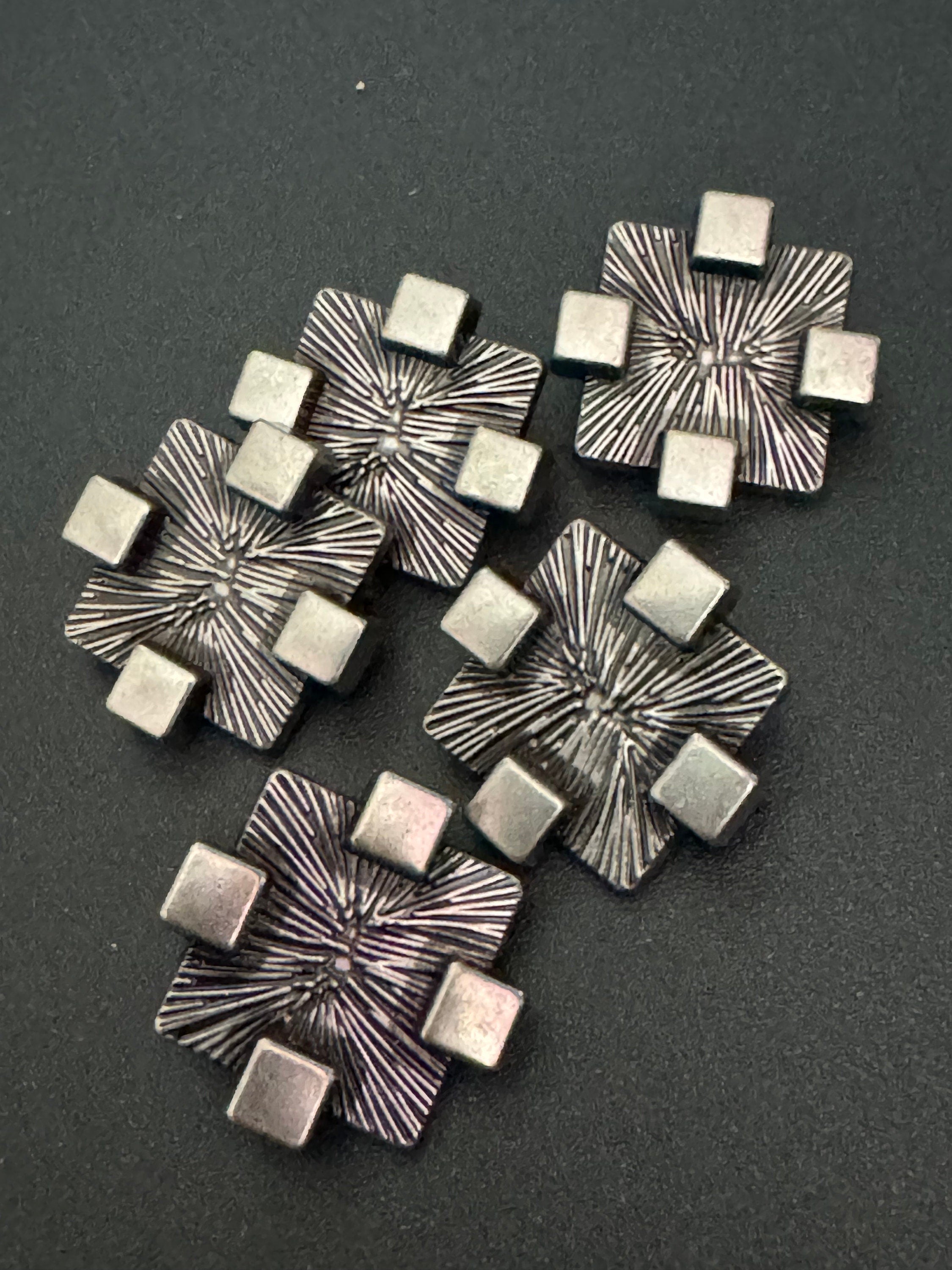 Brutalist Textured Steel Buttons: Dark Silver Geometric Design (Pack of 5)