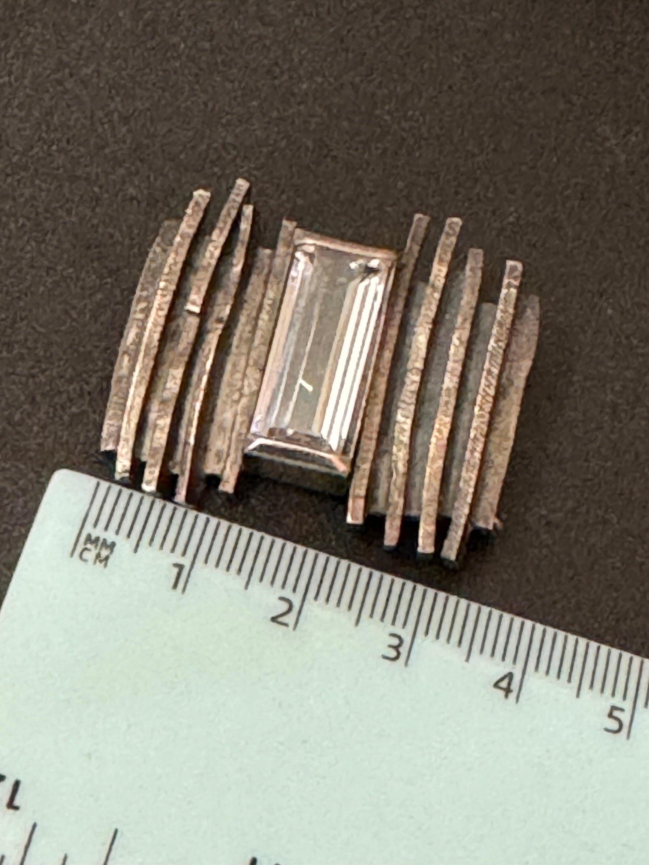 Signed Modernist Sterling Silver Brutalist Brooch with Baguette Crystal