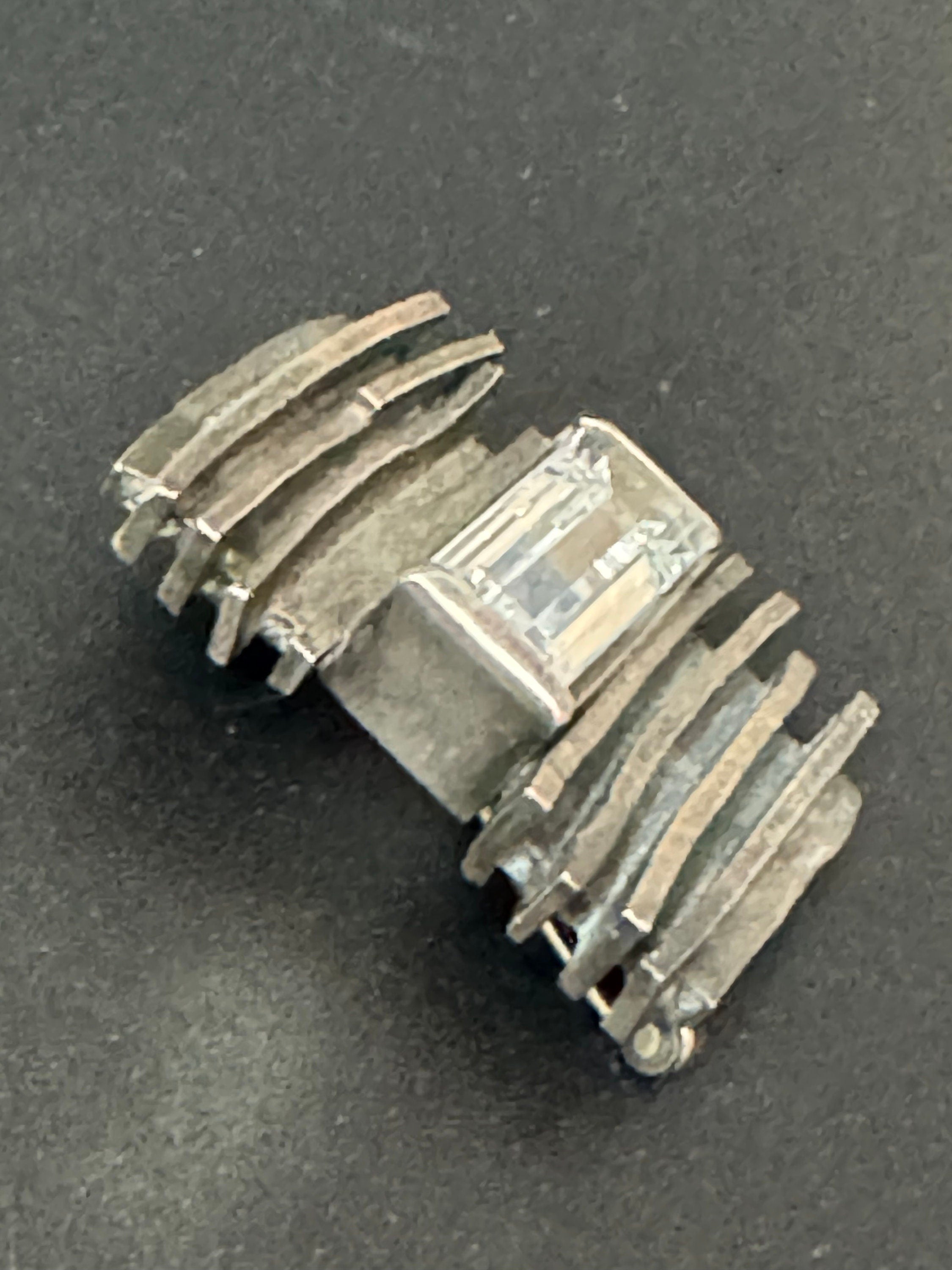 Signed Modernist Sterling Silver Brutalist Brooch with Baguette Crystal