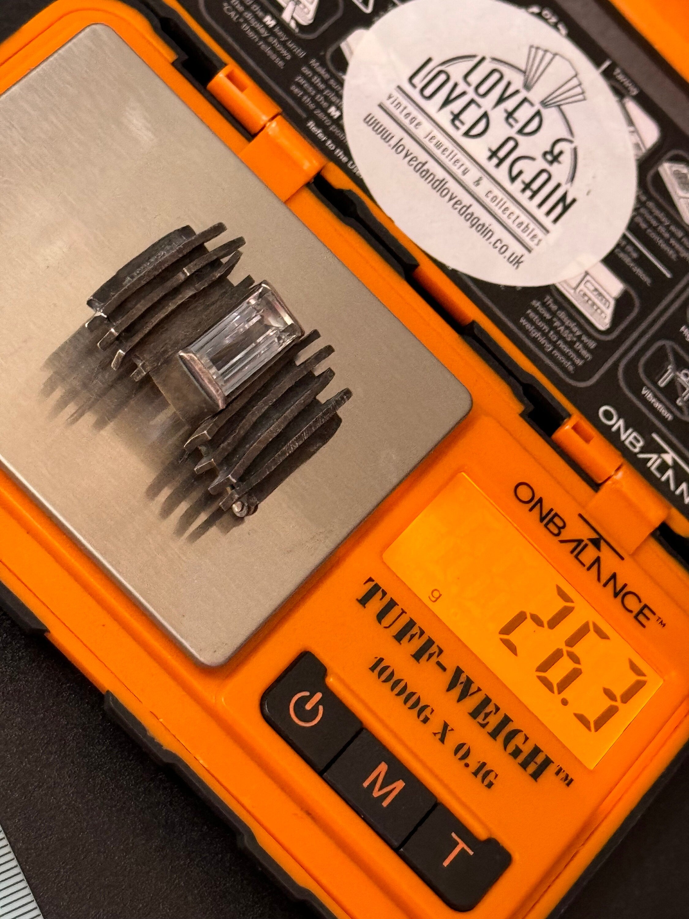 Signed Modernist Sterling Silver Brutalist Brooch with Baguette Crystal