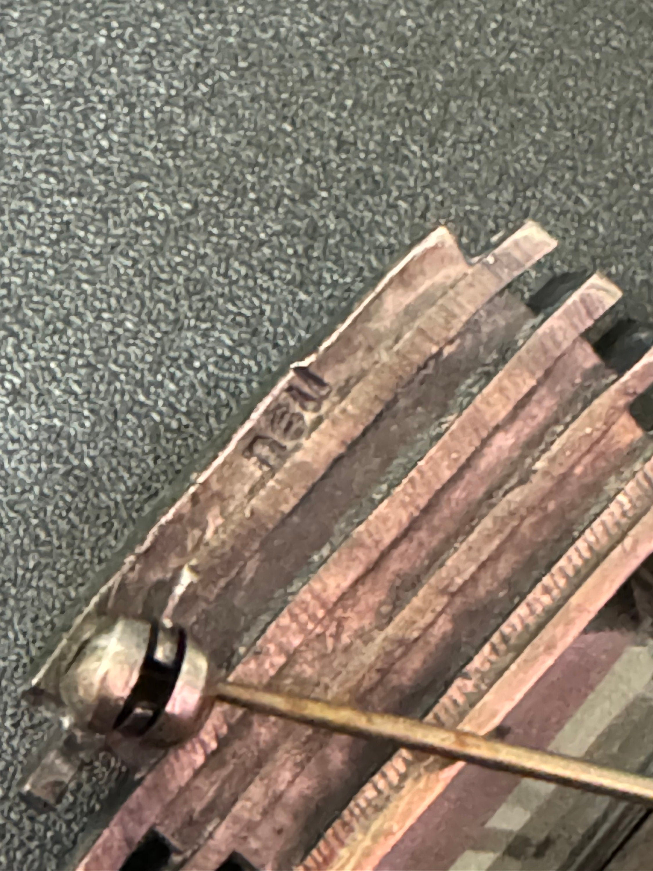 Signed Modernist Sterling Silver Brutalist Brooch with Baguette Crystal