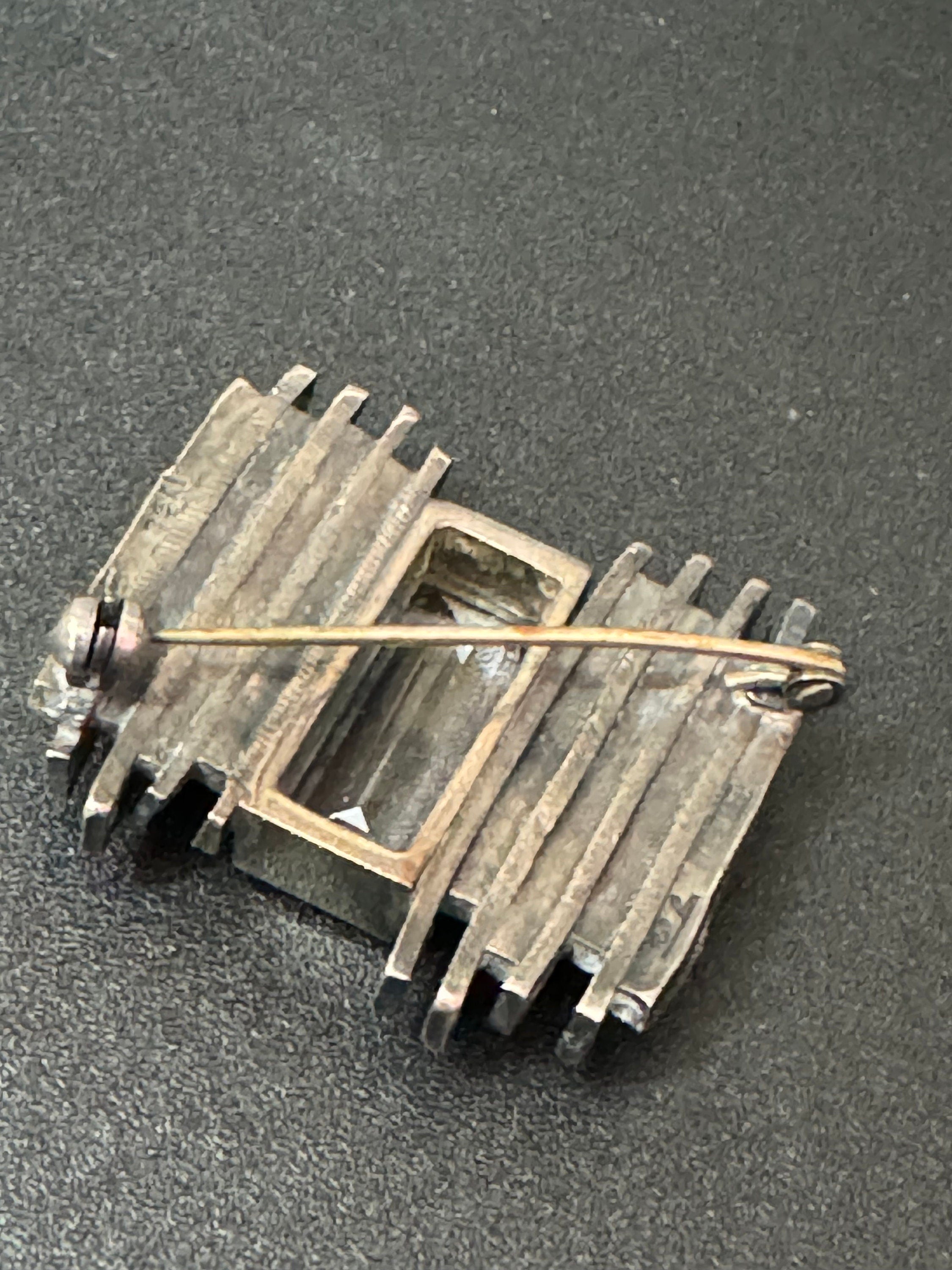Signed Modernist Sterling Silver Brutalist Brooch with Baguette Crystal
