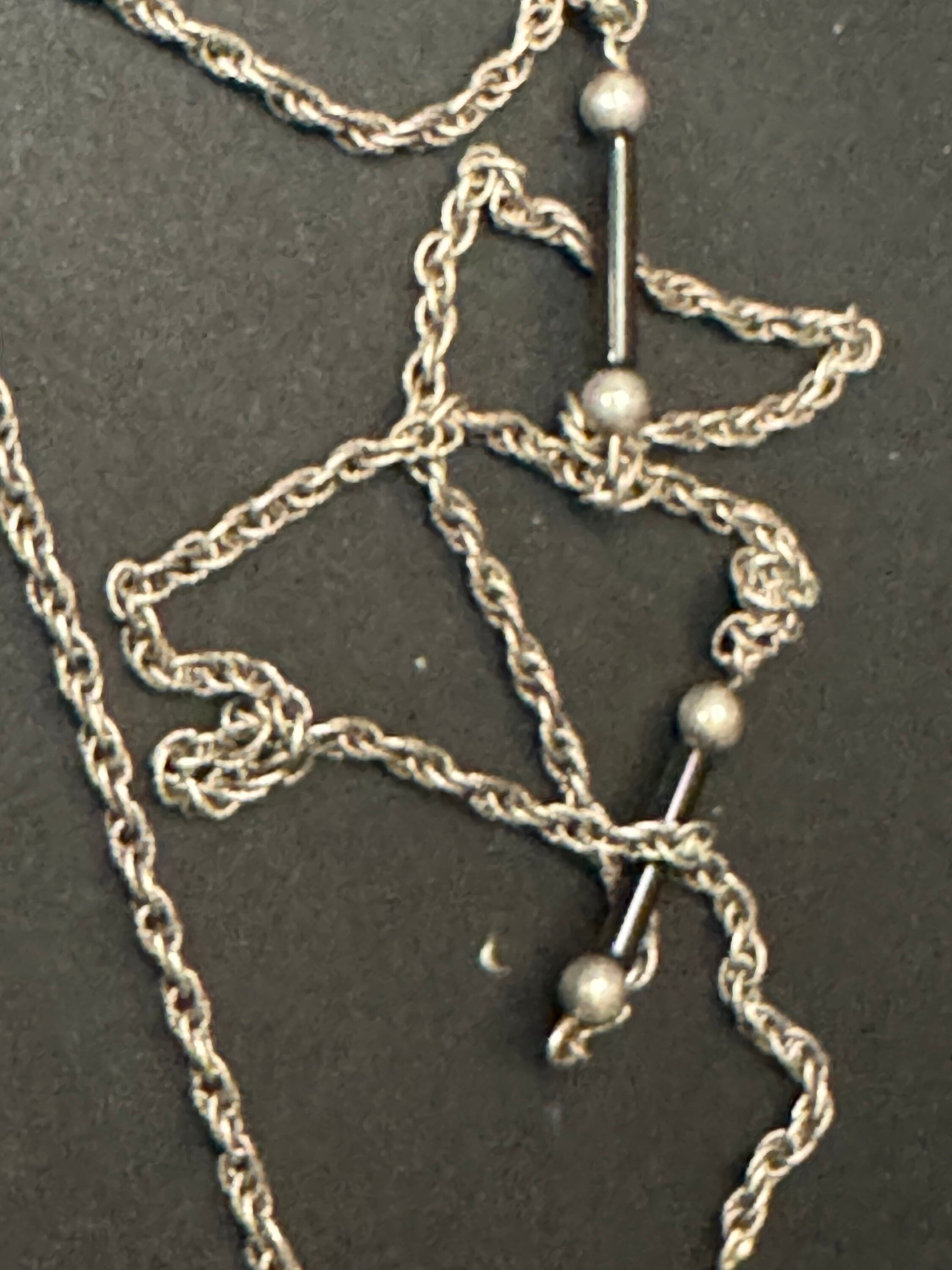 Vintage 1970s German 835 silver long rope chain black ball and glass bar beaded station necklace 21grams 32 inch