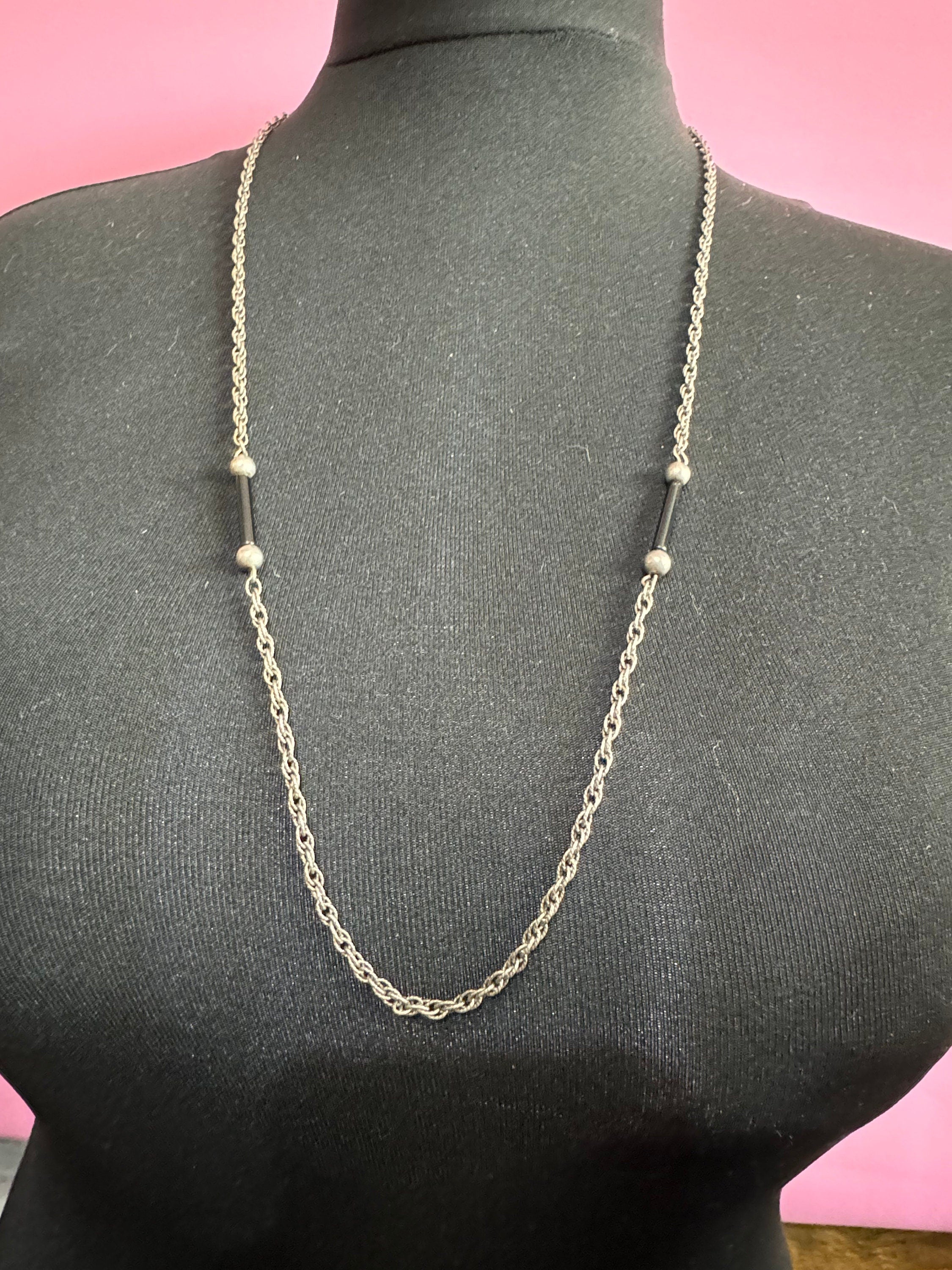 Vintage 1970s German 835 silver long rope chain black ball and glass bar beaded station necklace 21grams 32 inch