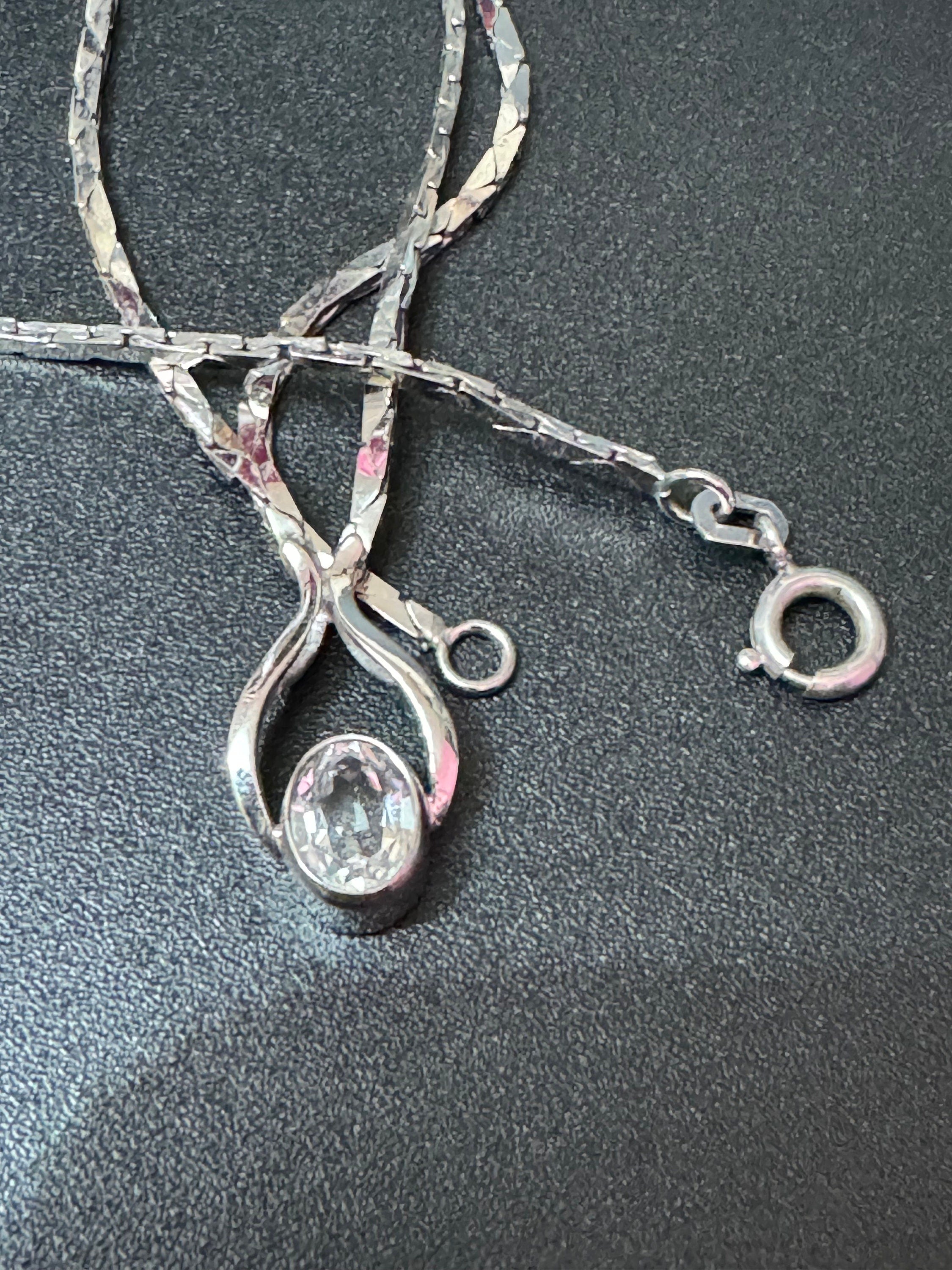 Vintage 800 Silver Diamanté Pendant Necklace - 1970s Oval Rivière